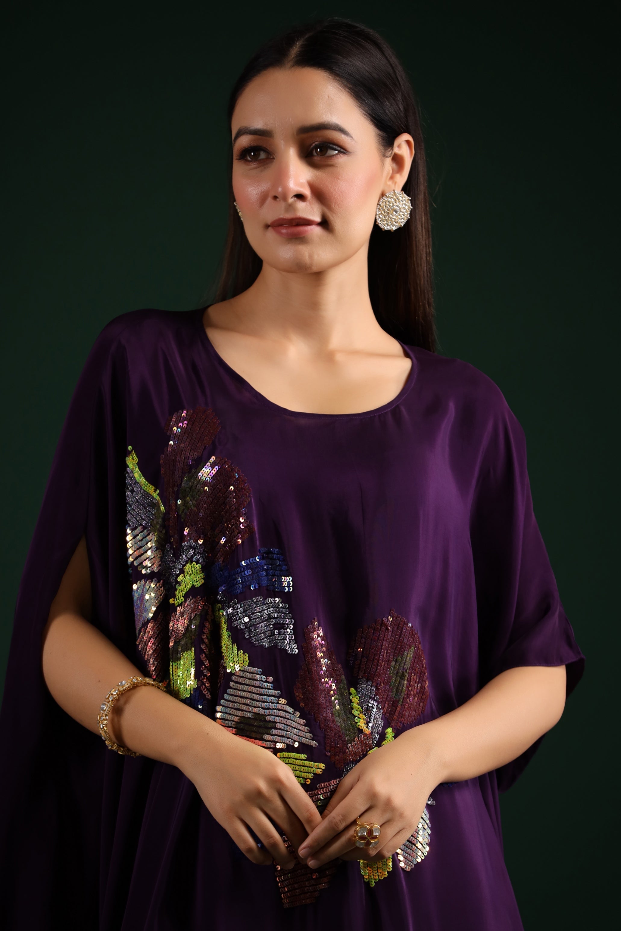 Deep Purple Embellished Asymmetrical Tunic & Pants