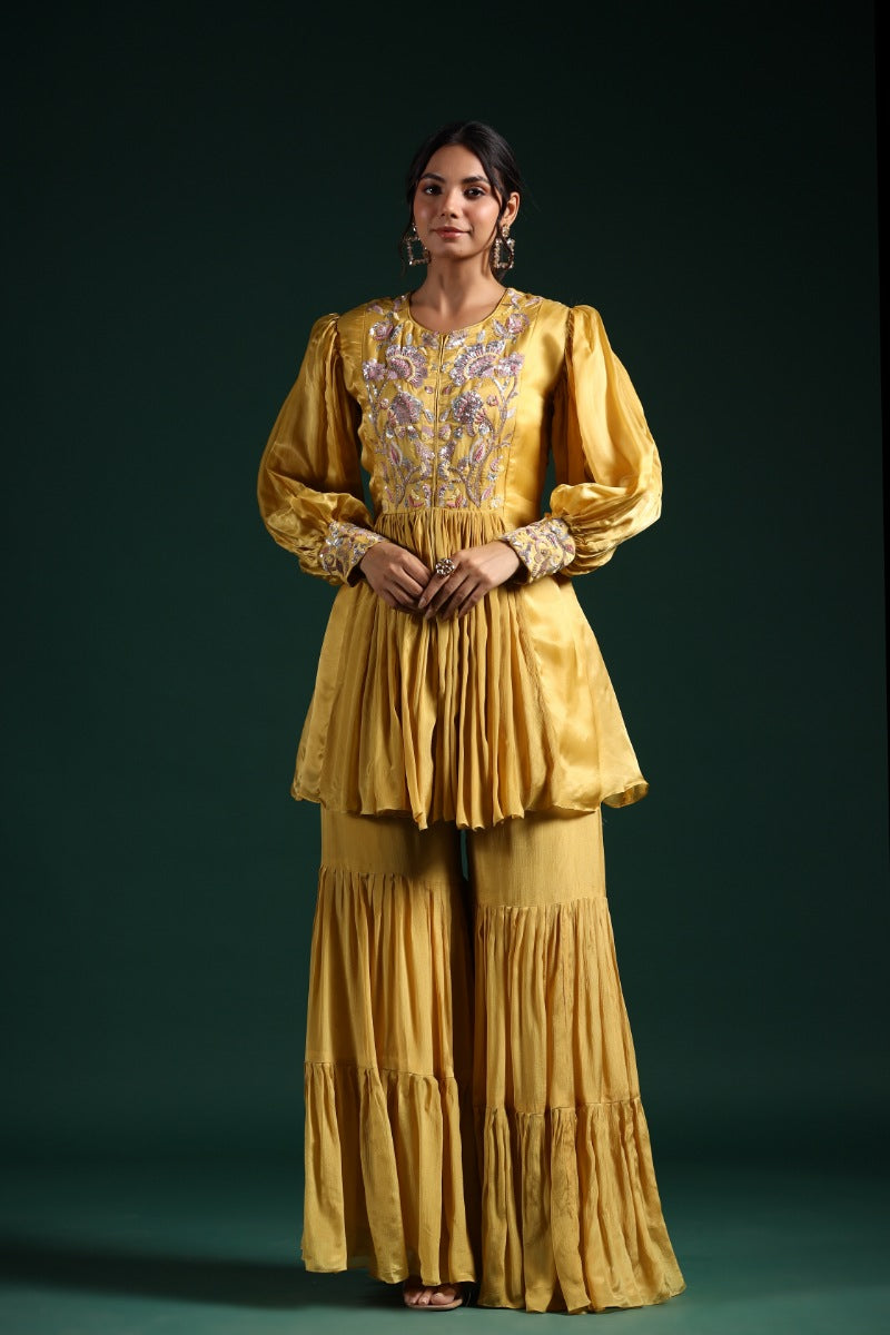 Golden Yellow Embellished Premium Silk Sharara Set