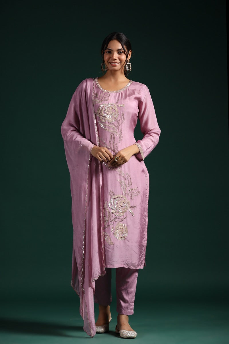 Pink Pearl Sequin Embroidered Tussar Silk Pants Set