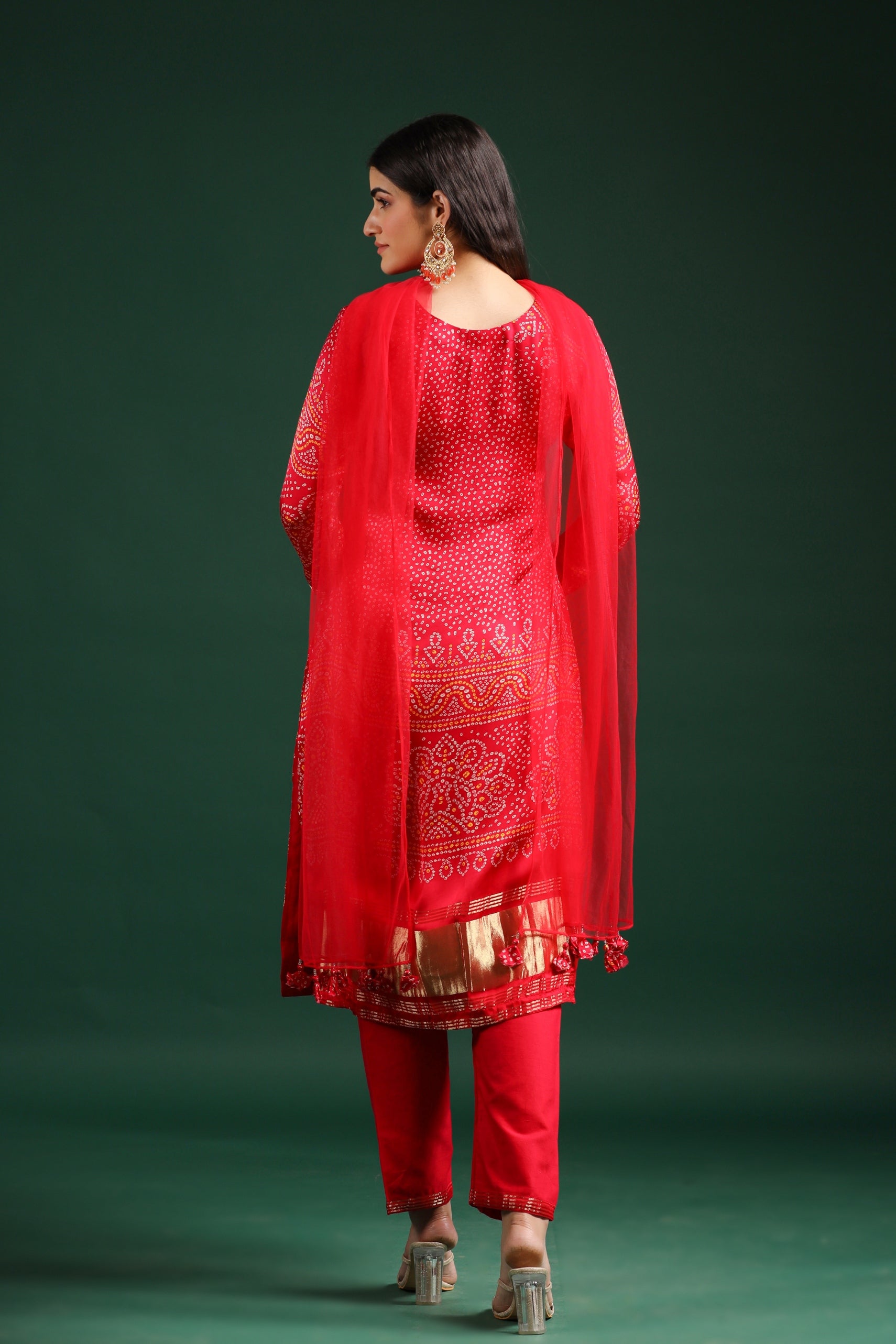 Red Bandhej Printed Gazzi Silk Pants Set