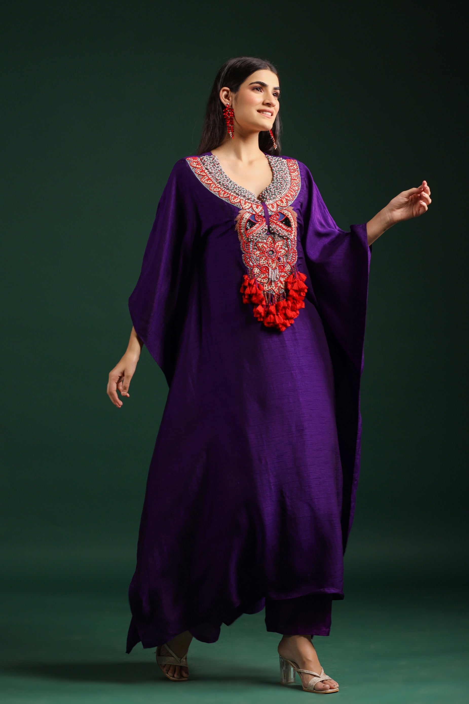 Purple Embellished Dola Silk Kaftan Set