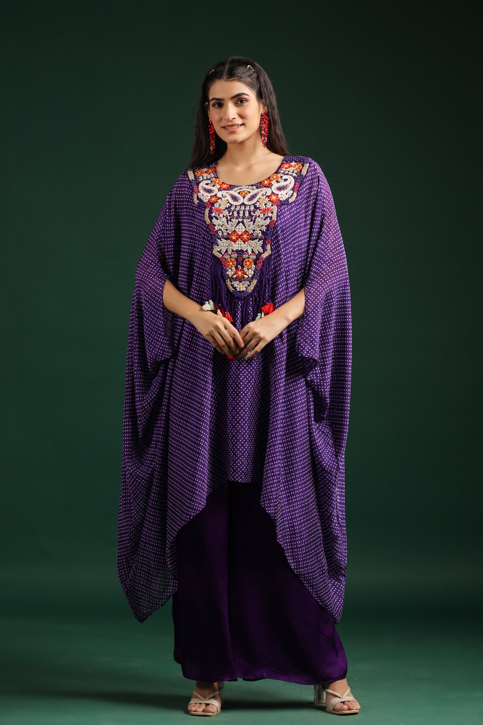 Purple Embellished Premium Silk Kaftan Set