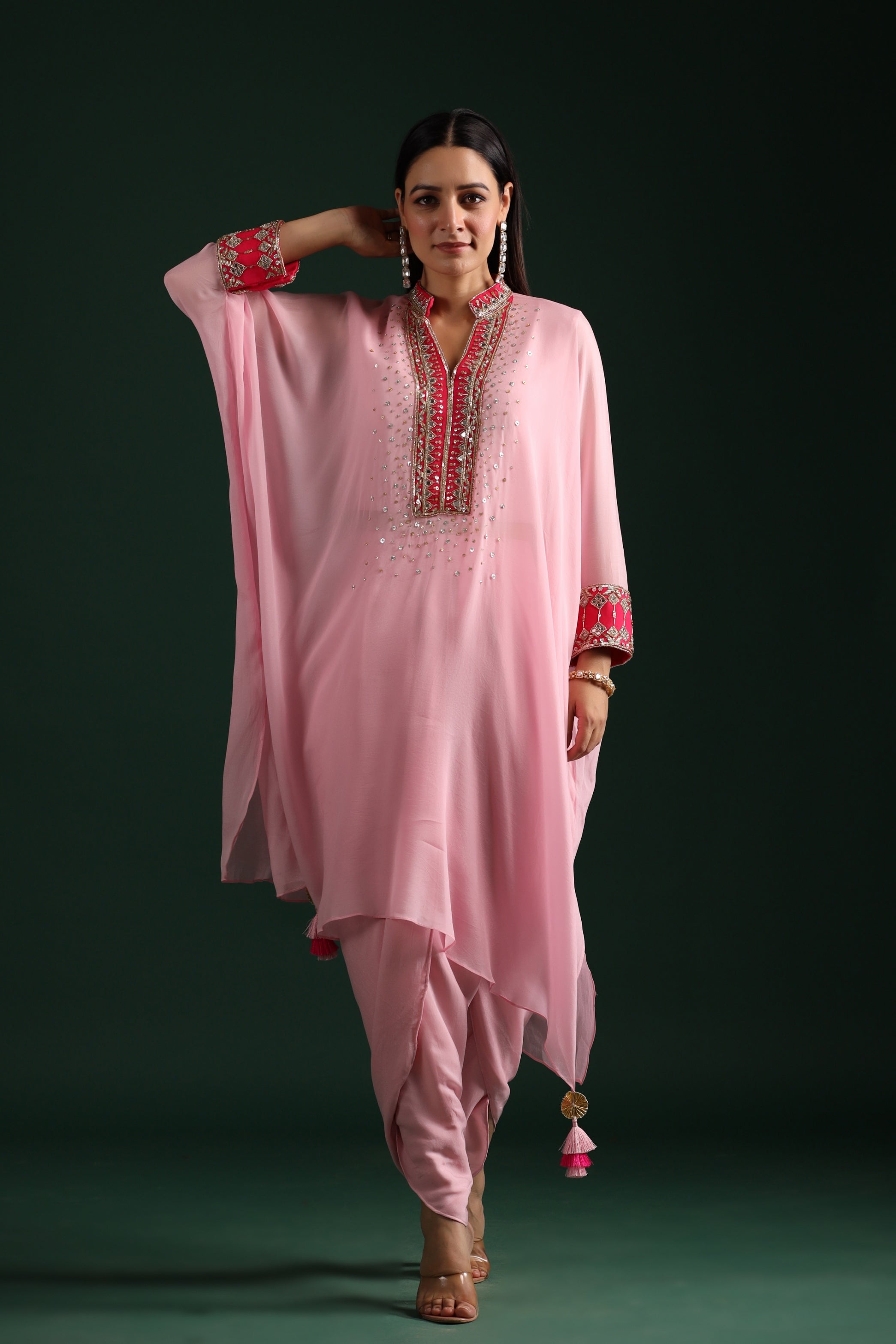 Pale Pink Embellished Vama Georgette Kaftan Dhoti Set