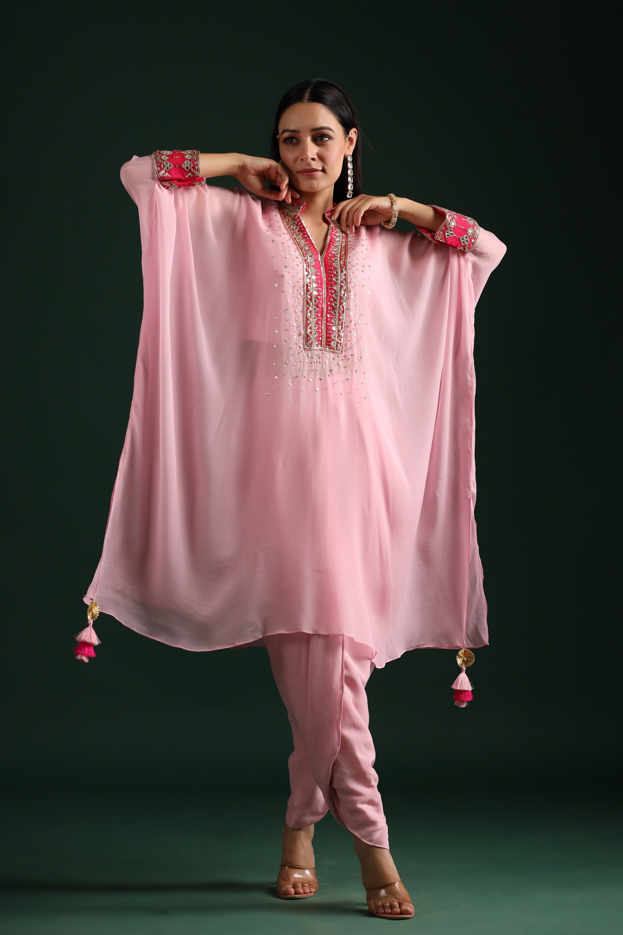 Pale Pink Embellished Vama Georgette Kaftan Dhoti Set