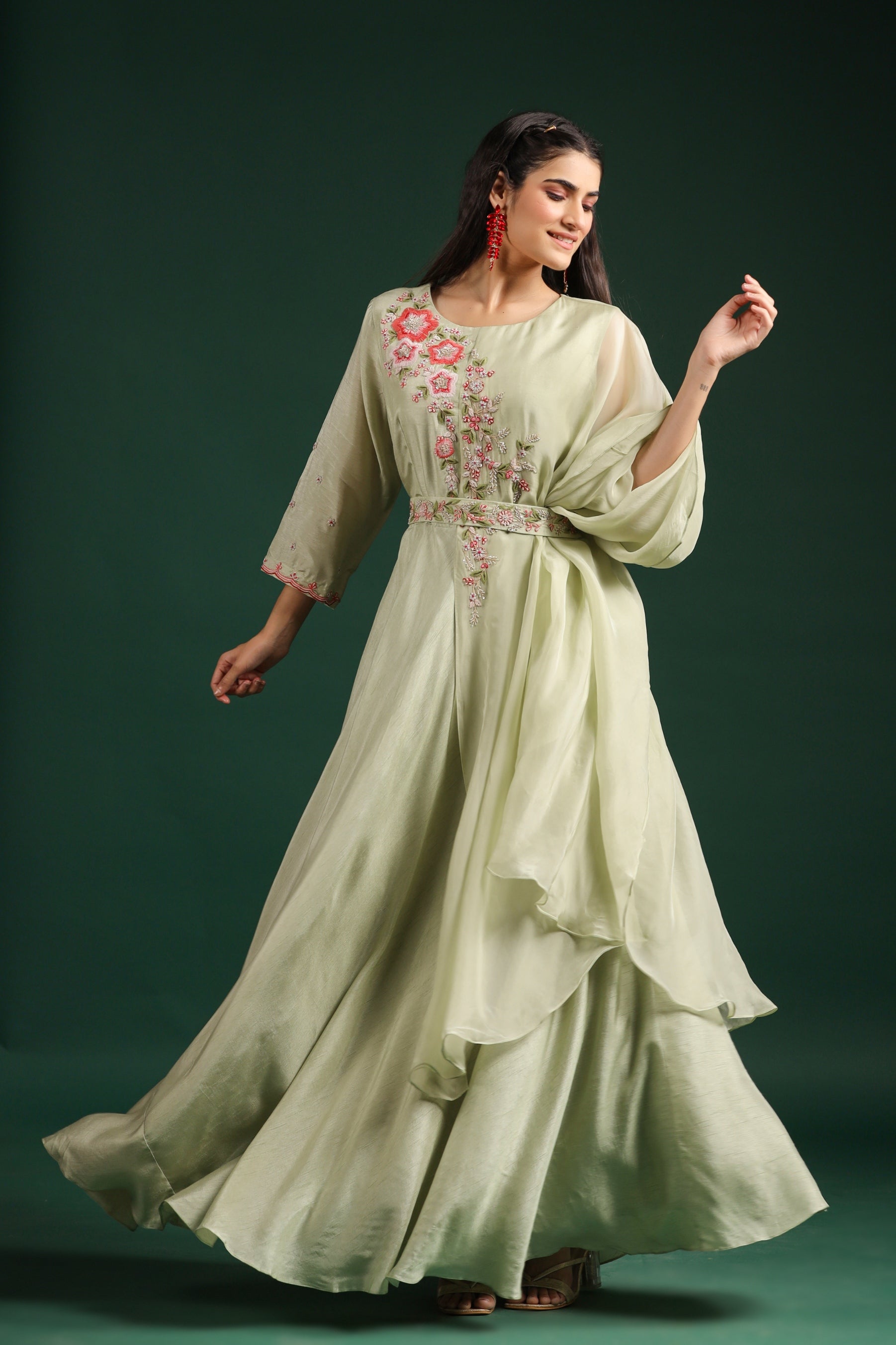 Pastel Green Embellished Dola Silk Anarkali Set