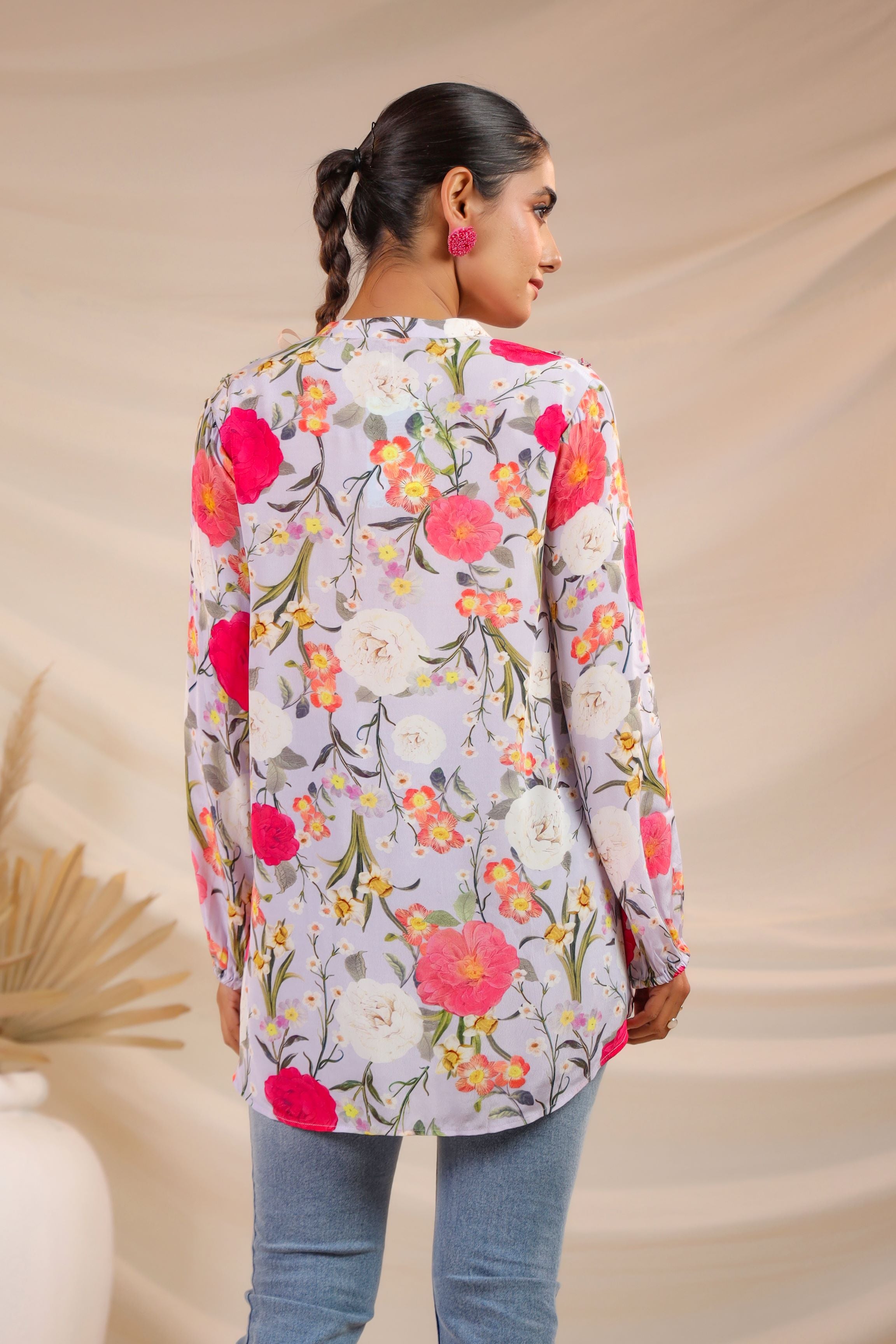 Spring Floral Printed Crepe Silk Shirt