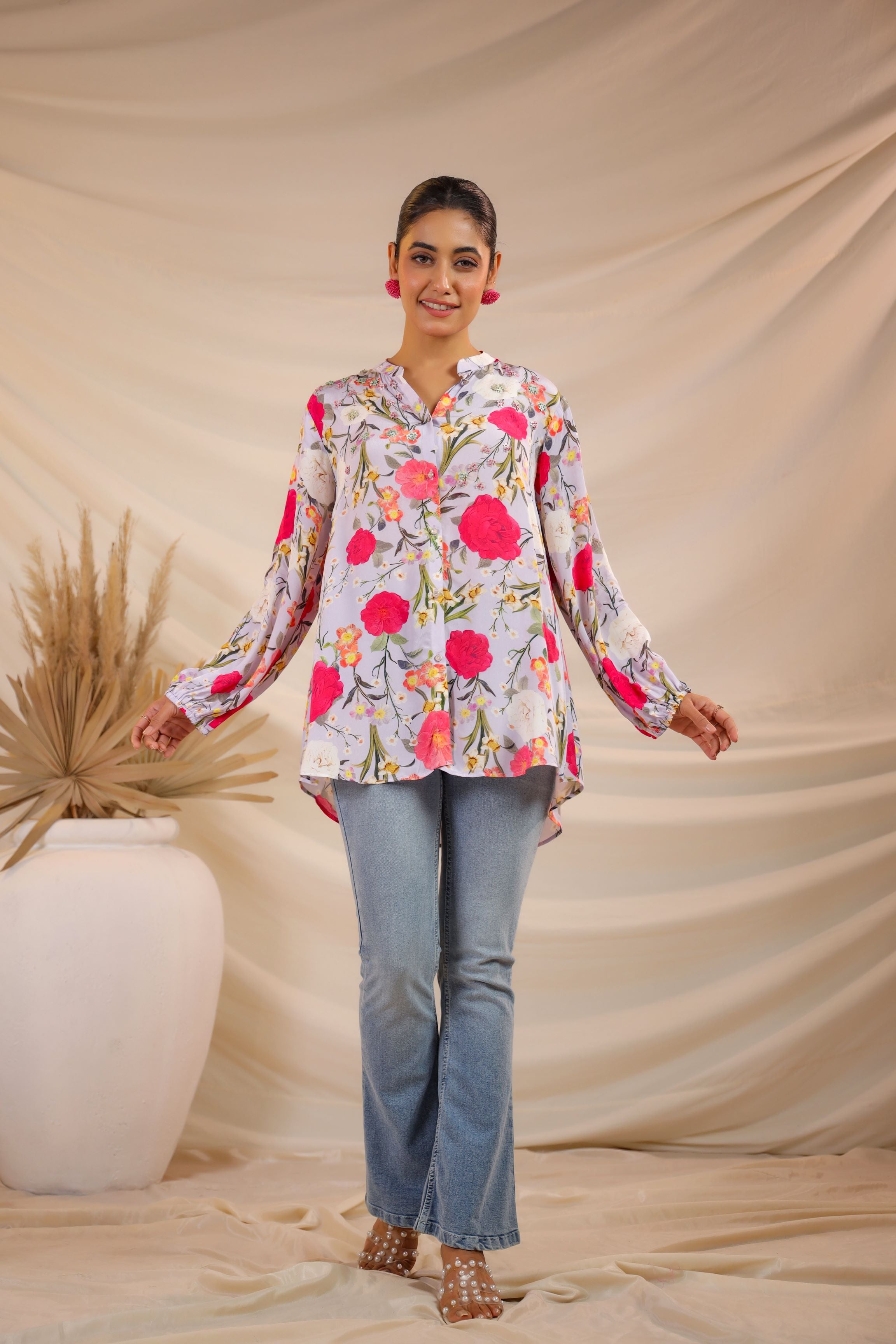 Spring Floral Printed Crepe Silk Shirt