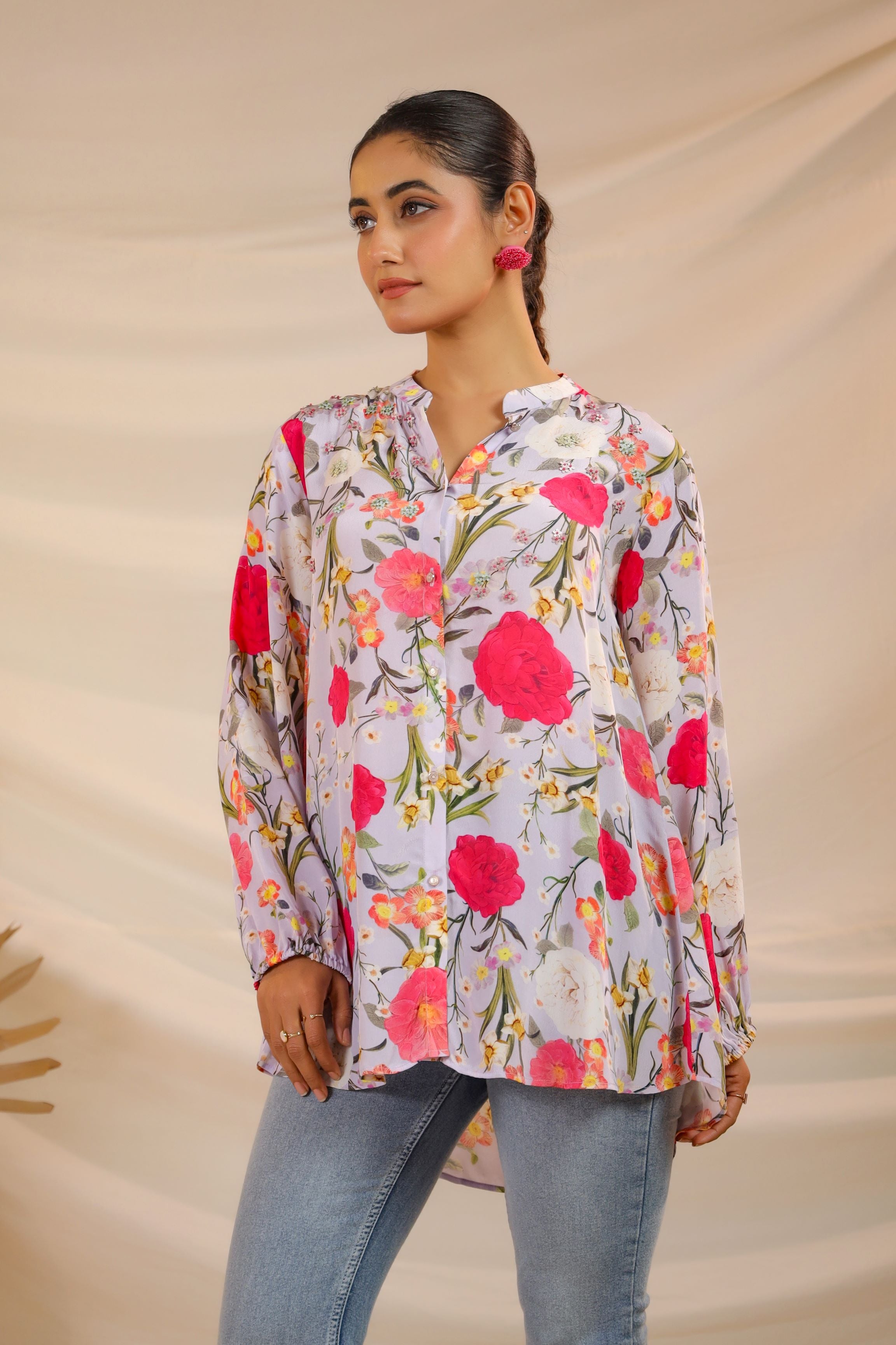 Spring Floral Printed Crepe Silk Shirt