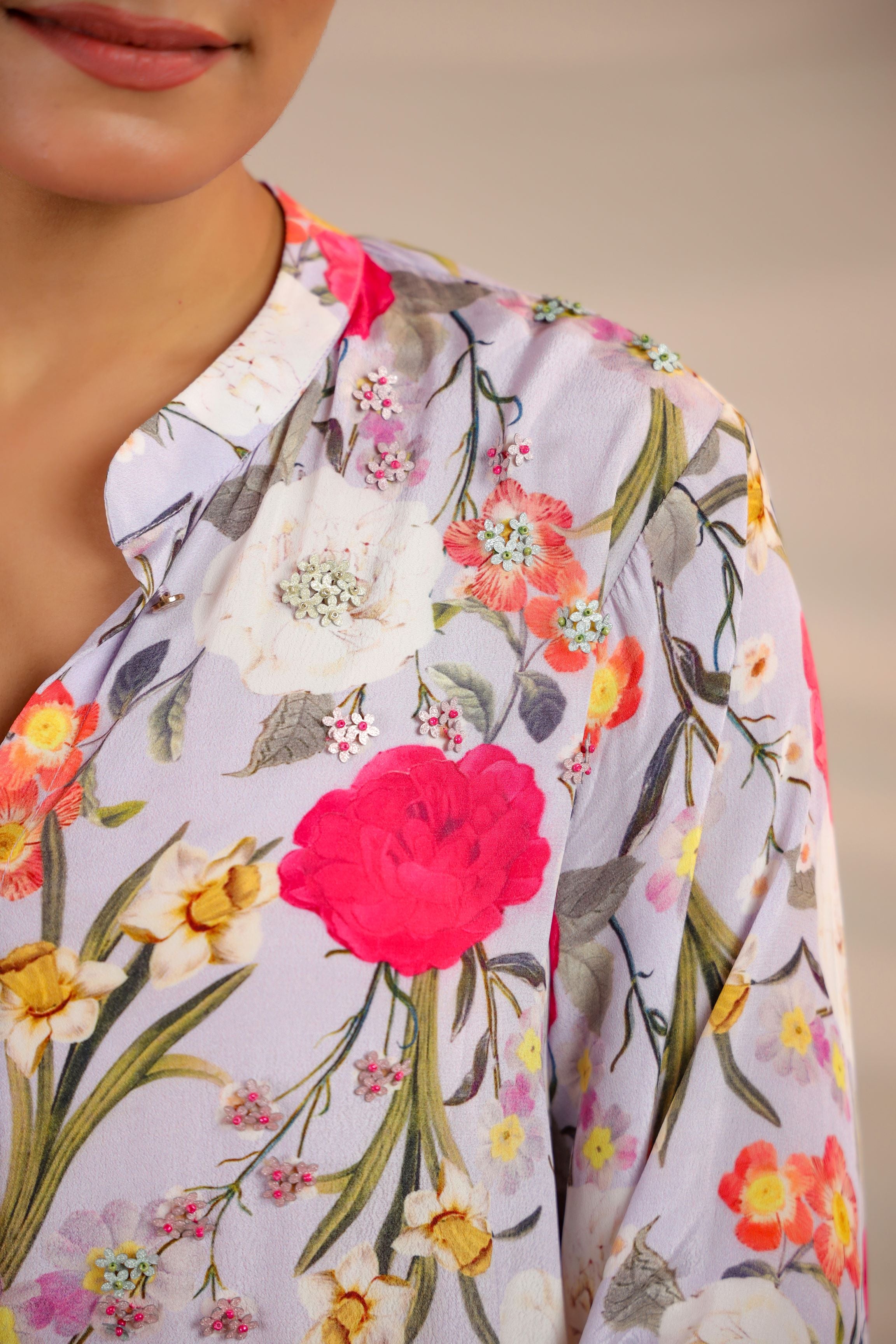 Spring Floral Printed Crepe Silk Shirt