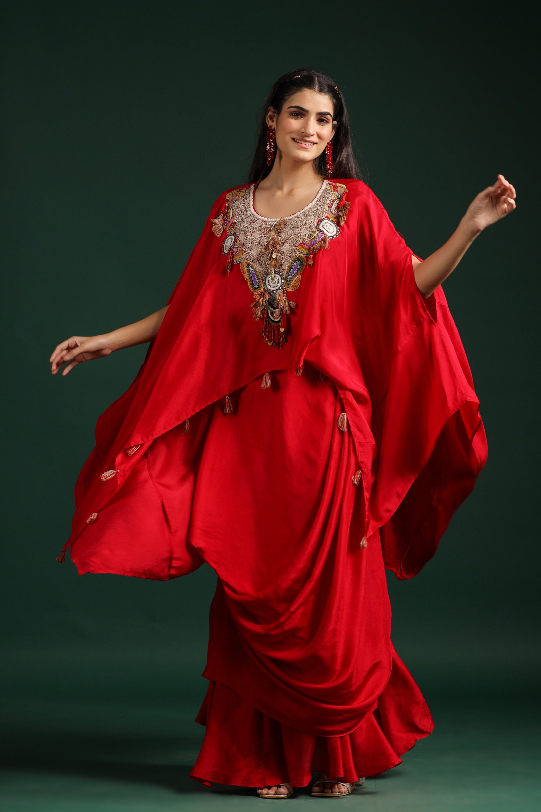 Red Embellished Premium Silk Skirt Set
