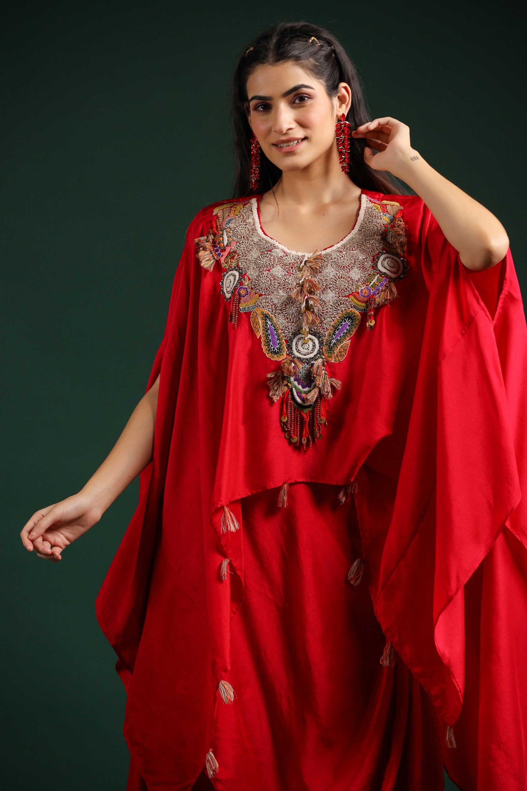Red Embellished Premium Silk Skirt Set