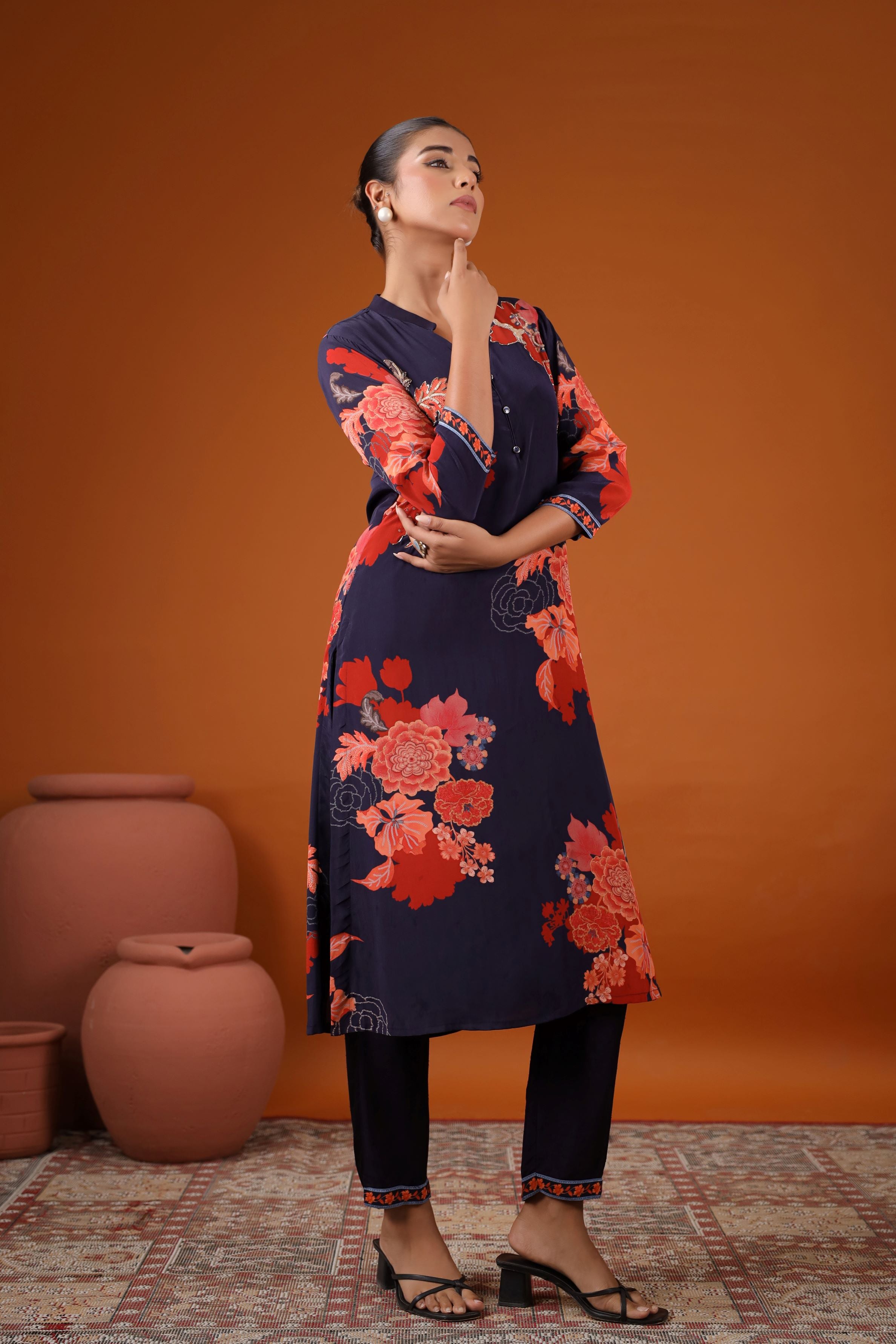 Blue Floral Printed Crepe Silk Kurta Set