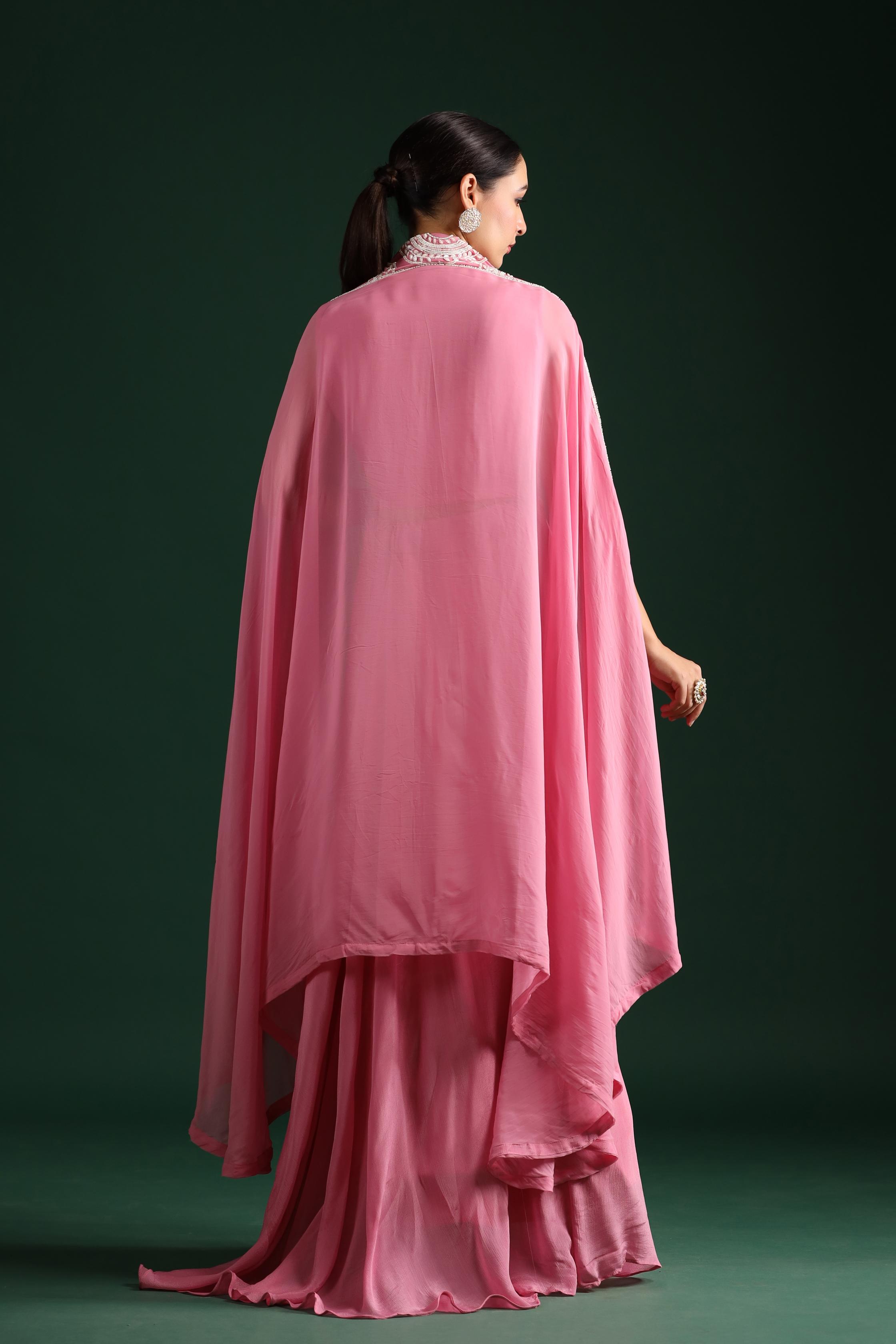 Neon Pink Embellished Cape Set