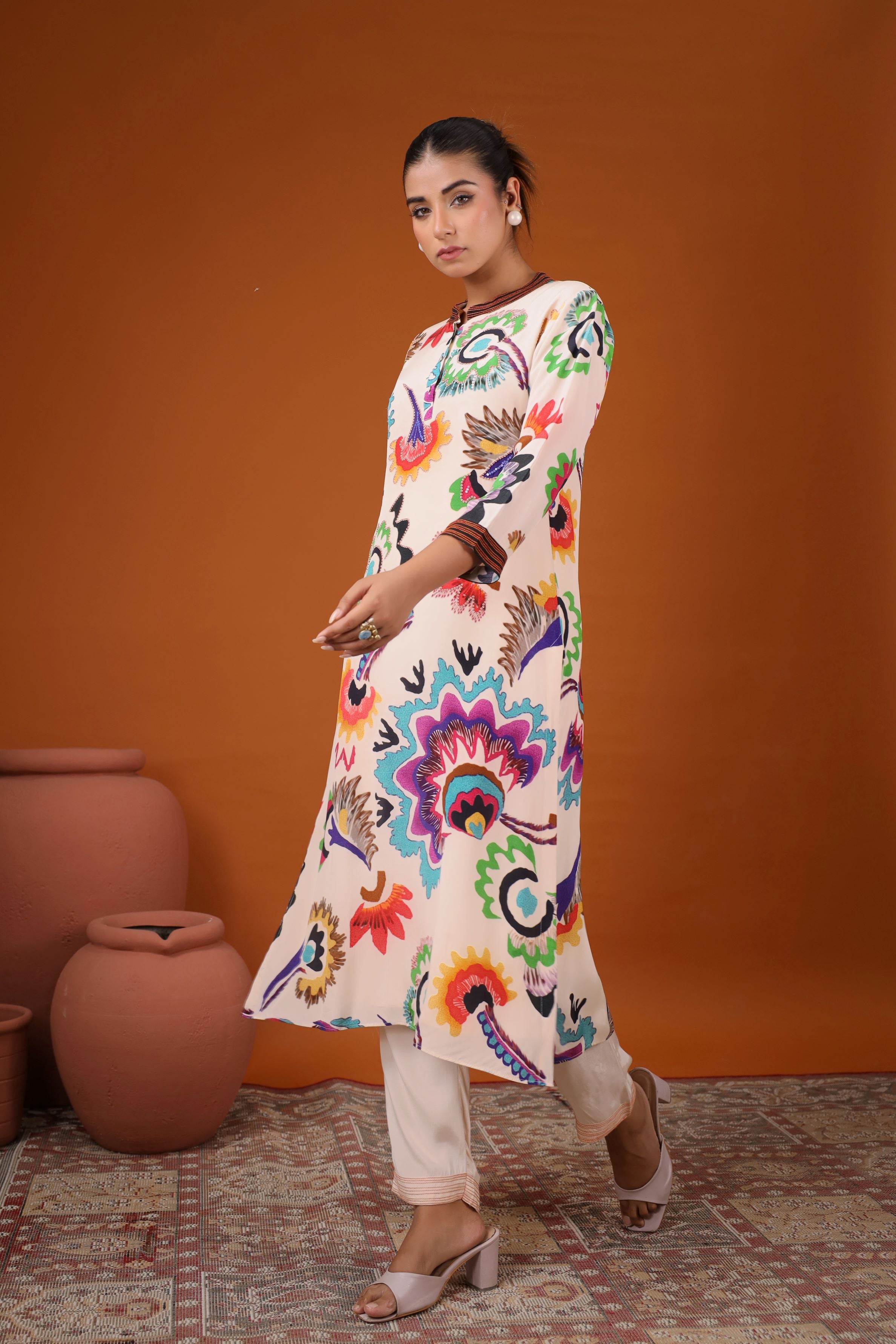 White Abstract Floral Printed Kurta Set