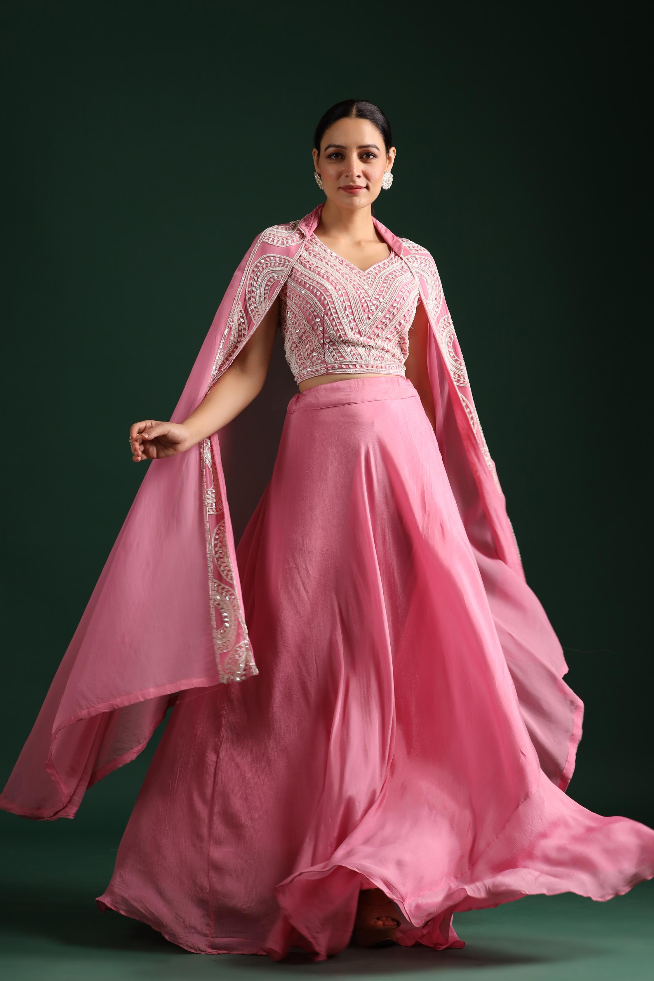 Neon Pink Embellished Cape Set