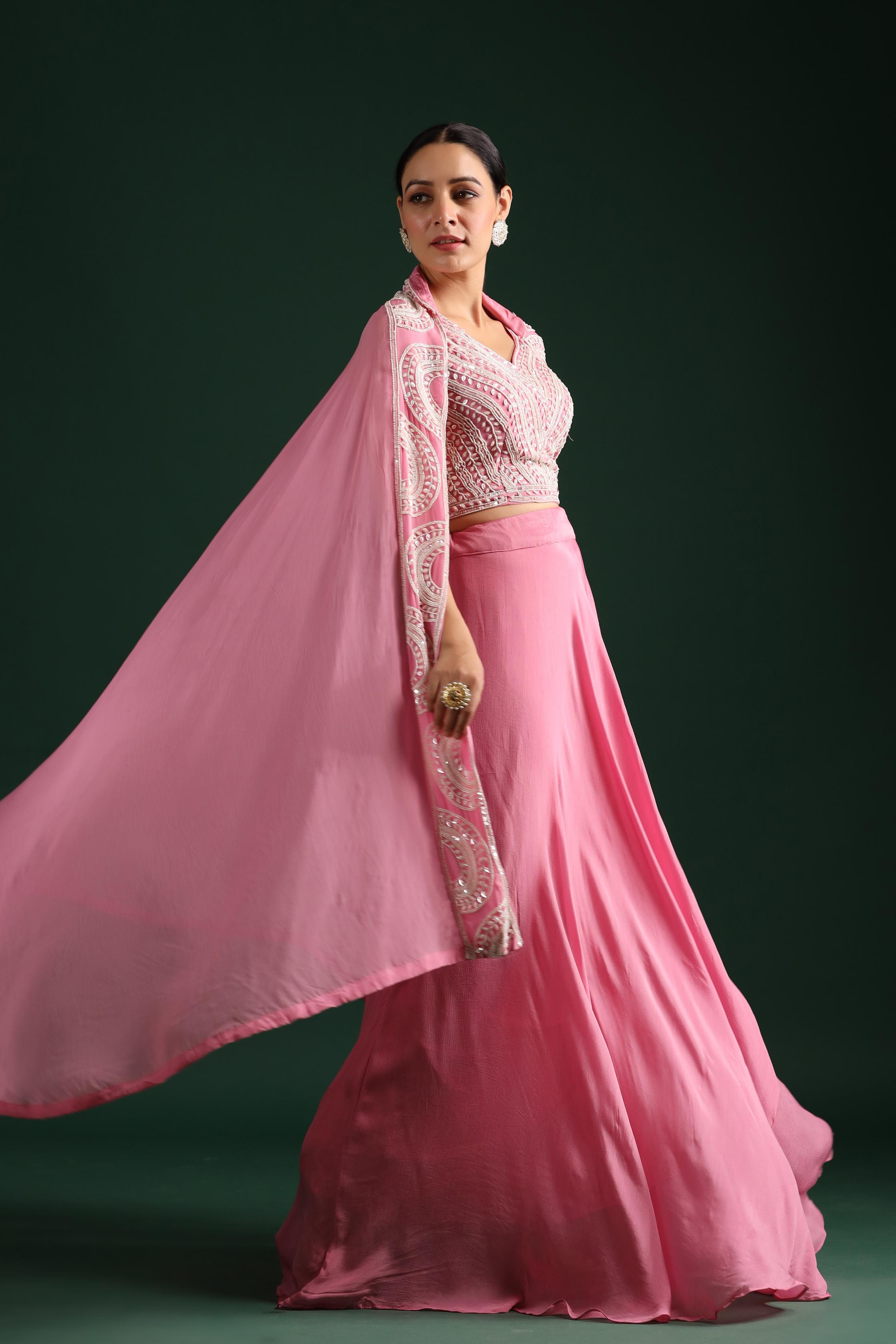 Neon Pink Embellished Cape Set