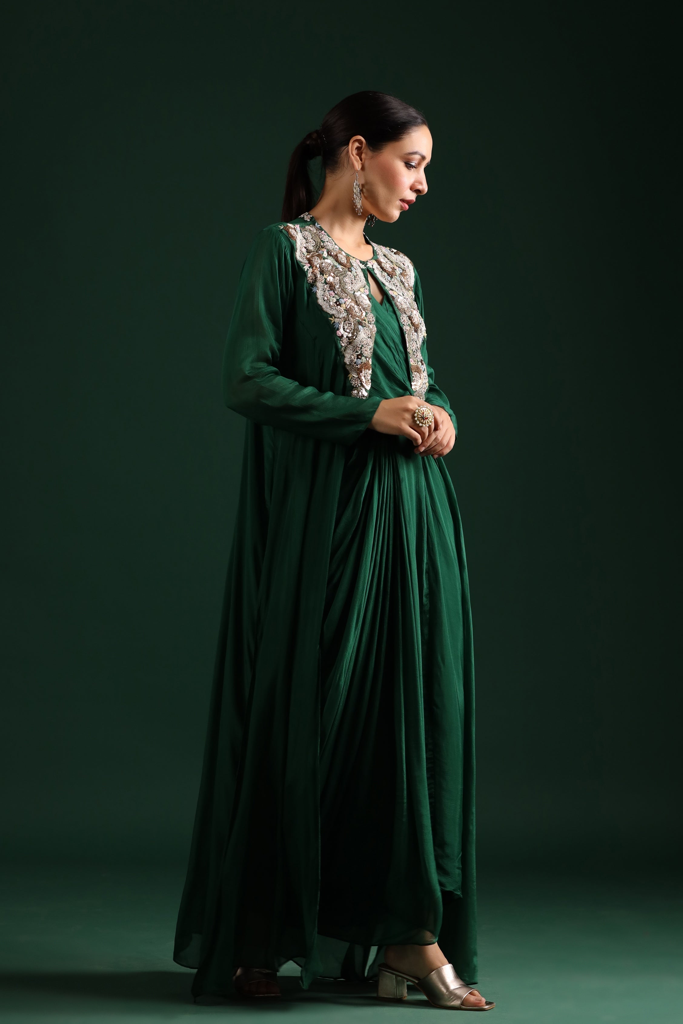 Deep Green Embellished Draped Cape Dress