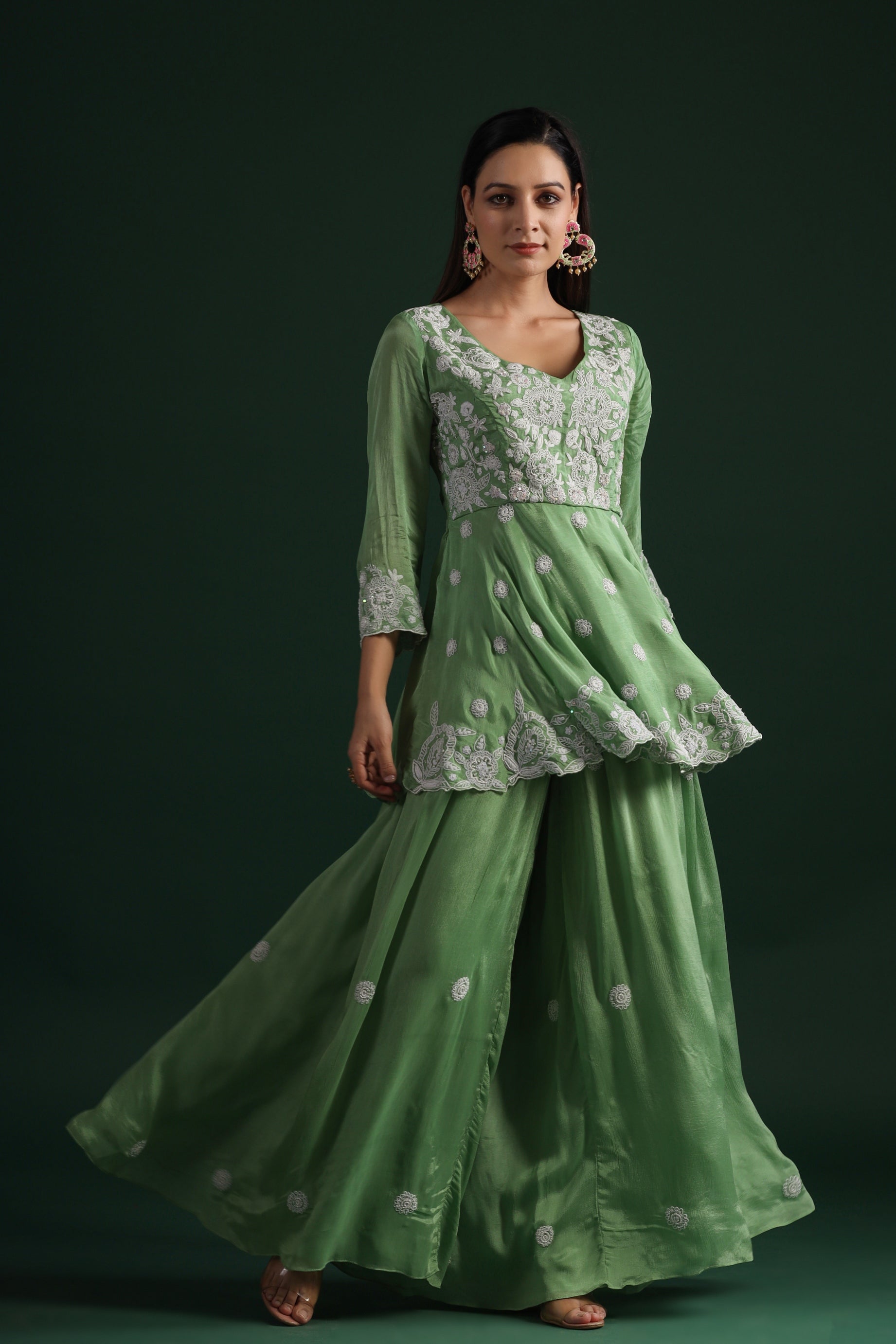 Spring Green Embroidered Chiffon Silk Co-Ord Set