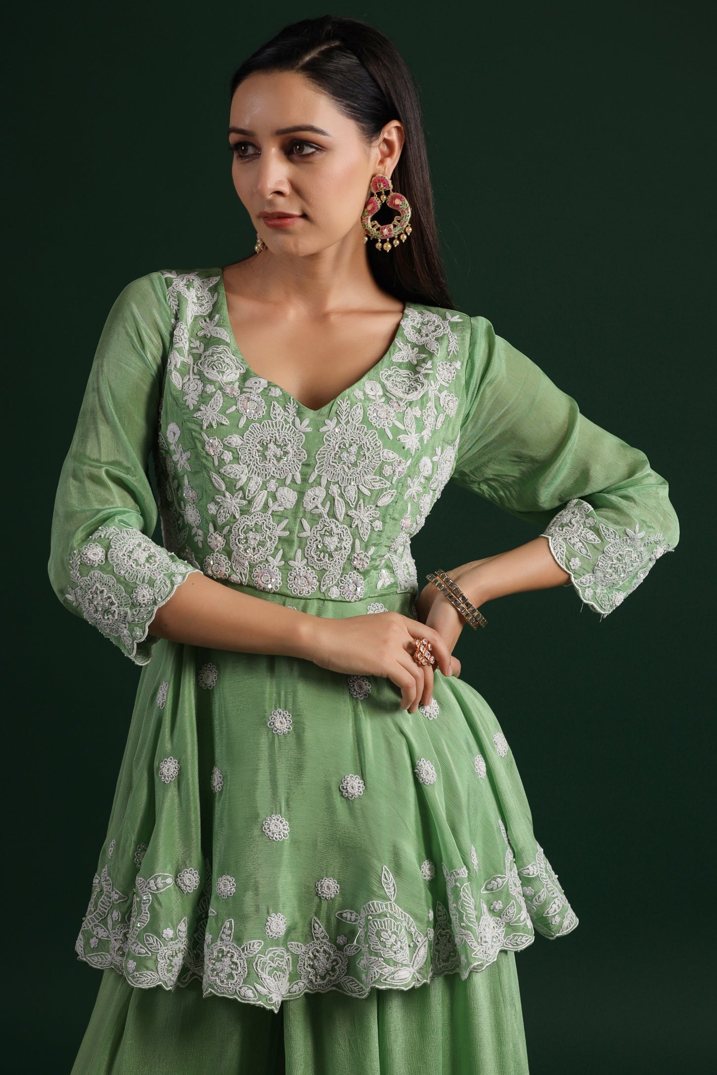Spring Green Embroidered Chiffon Silk Co-Ord Set