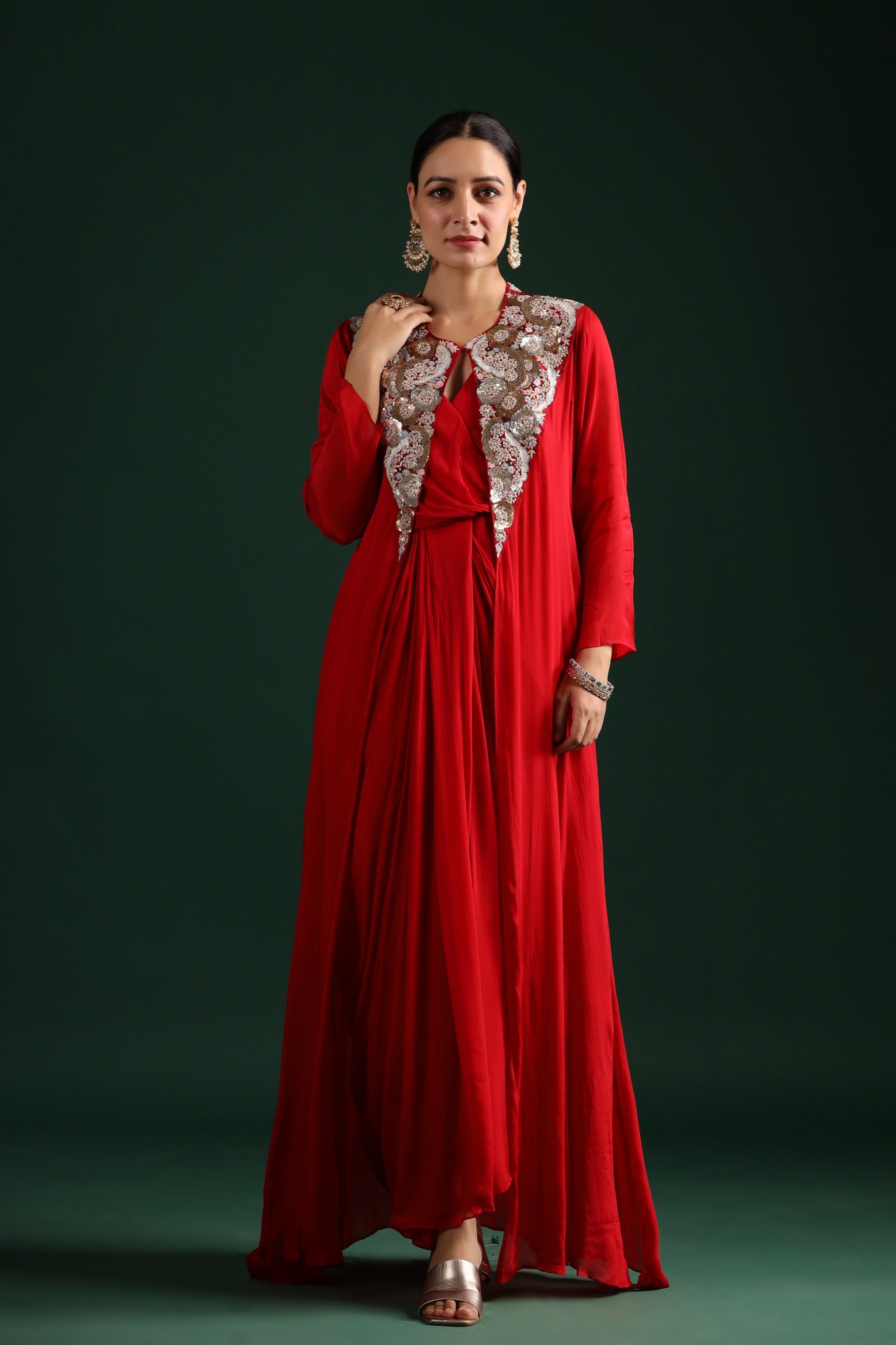 Bright Red Embellished Draped Cape Dress