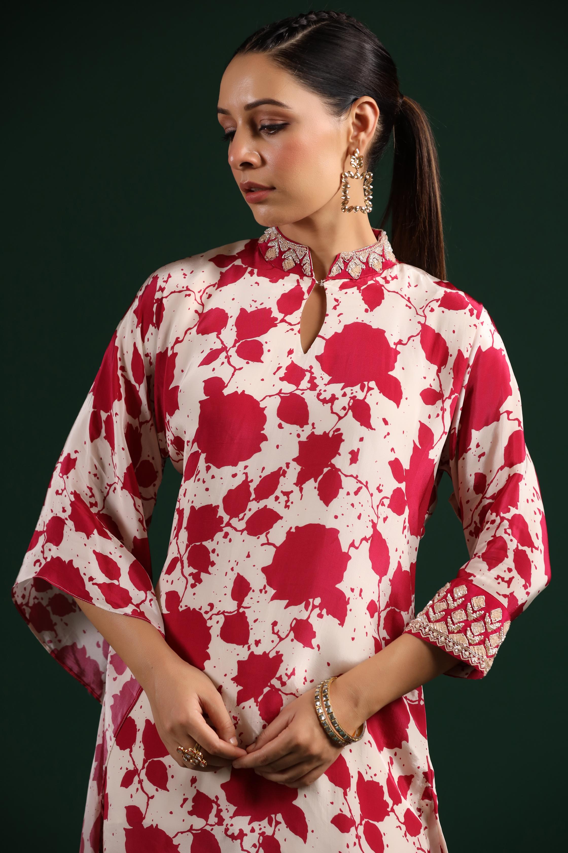 Red Digital Printed Linen Satin Silk Kurta & Pants Set
