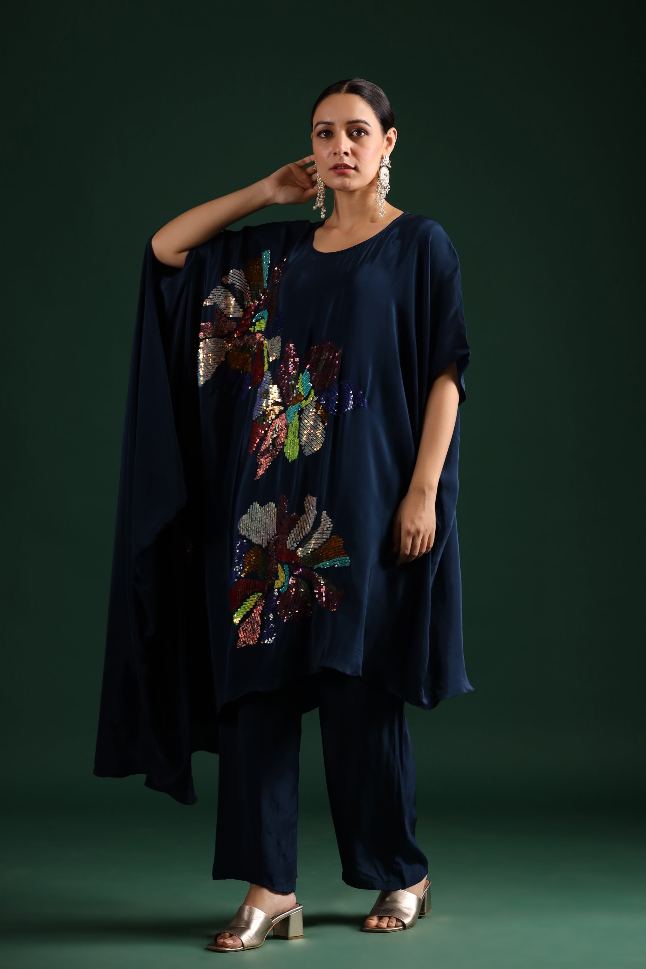 Deep Blue Embellished Asymmetrical Tunic & Pants