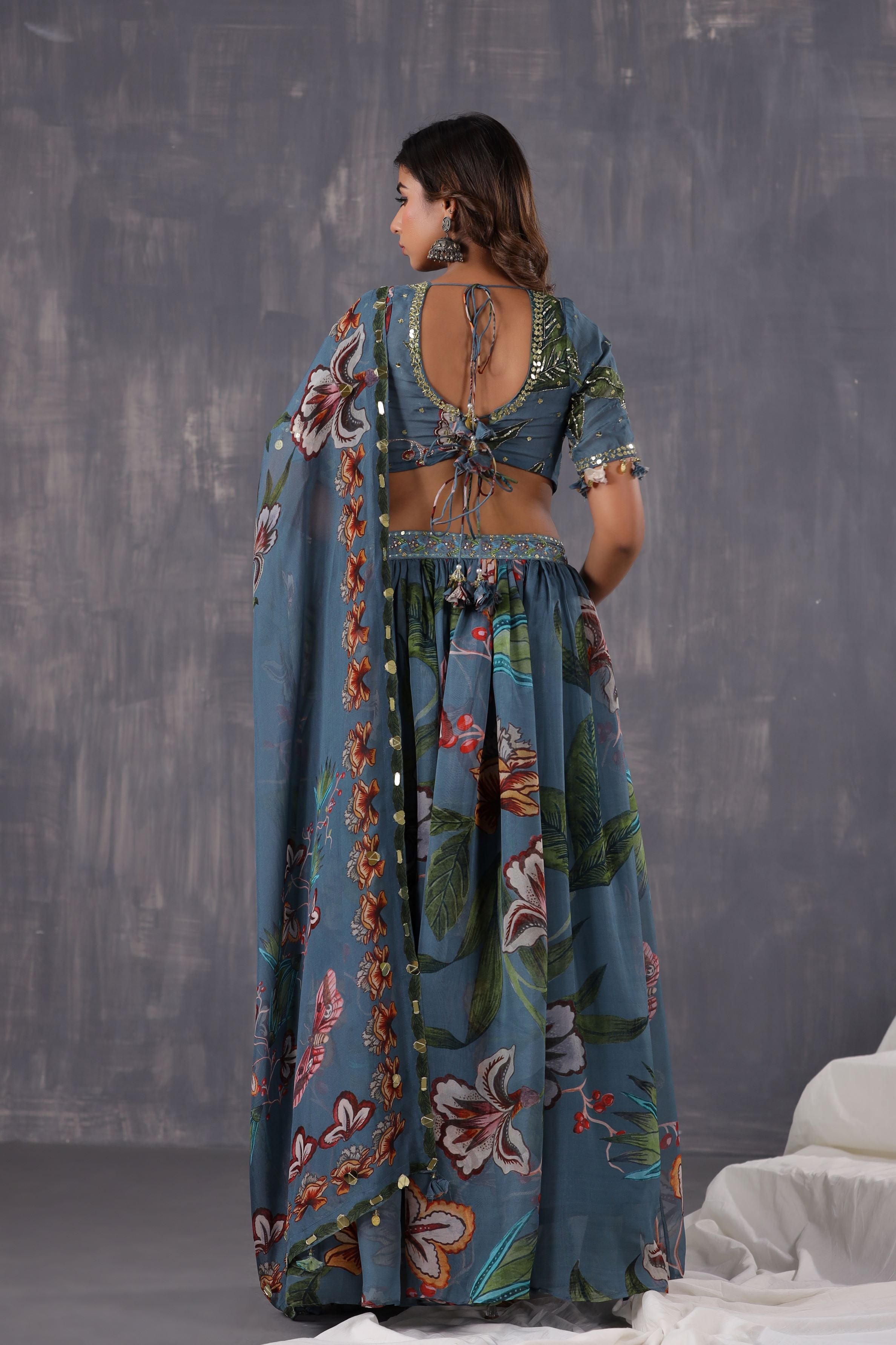 Dusty Teal Floral Printed Tissue Organza Silk Lehenga Set