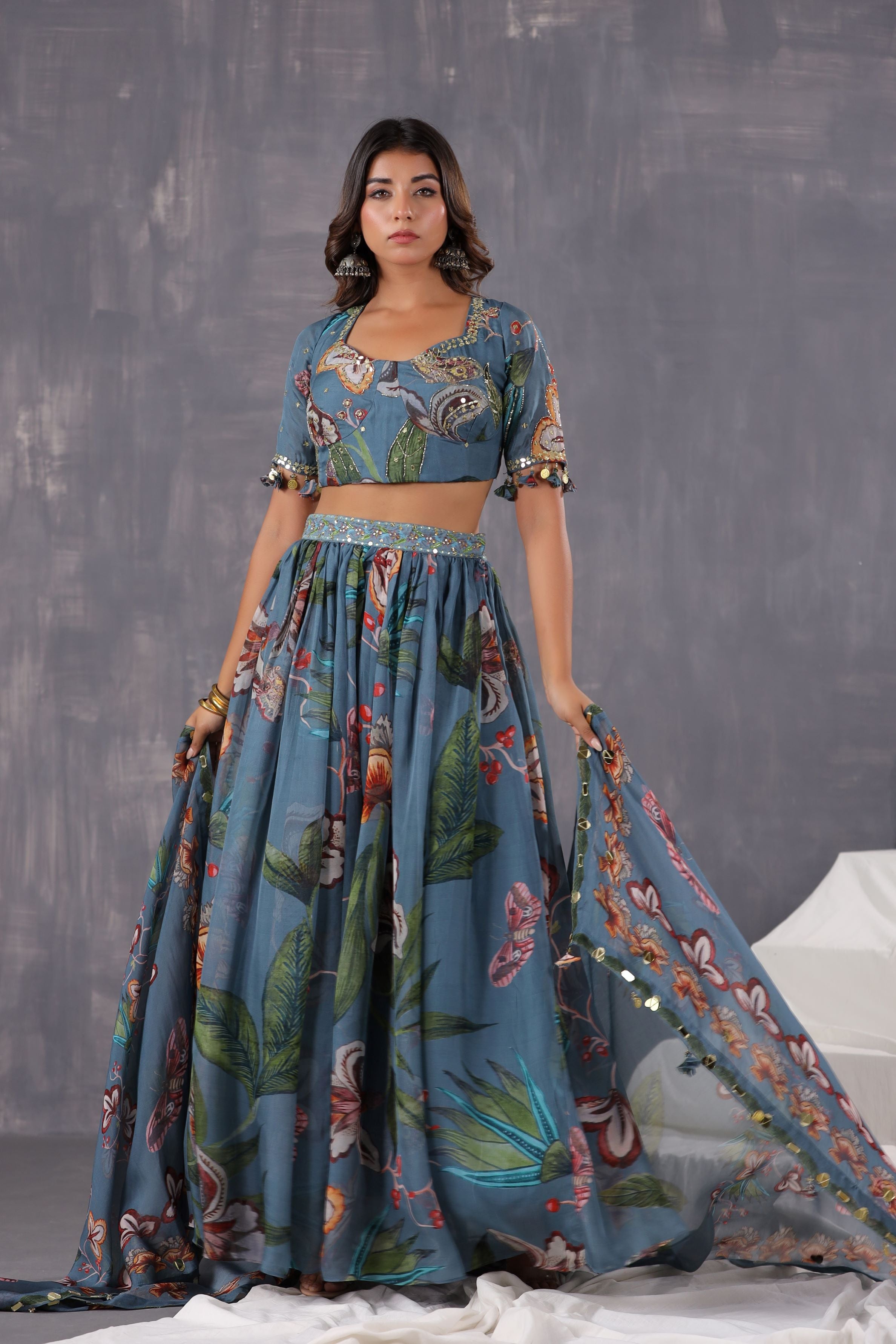 Dusty Teal Floral Printed Tissue Organza Silk Lehenga Set