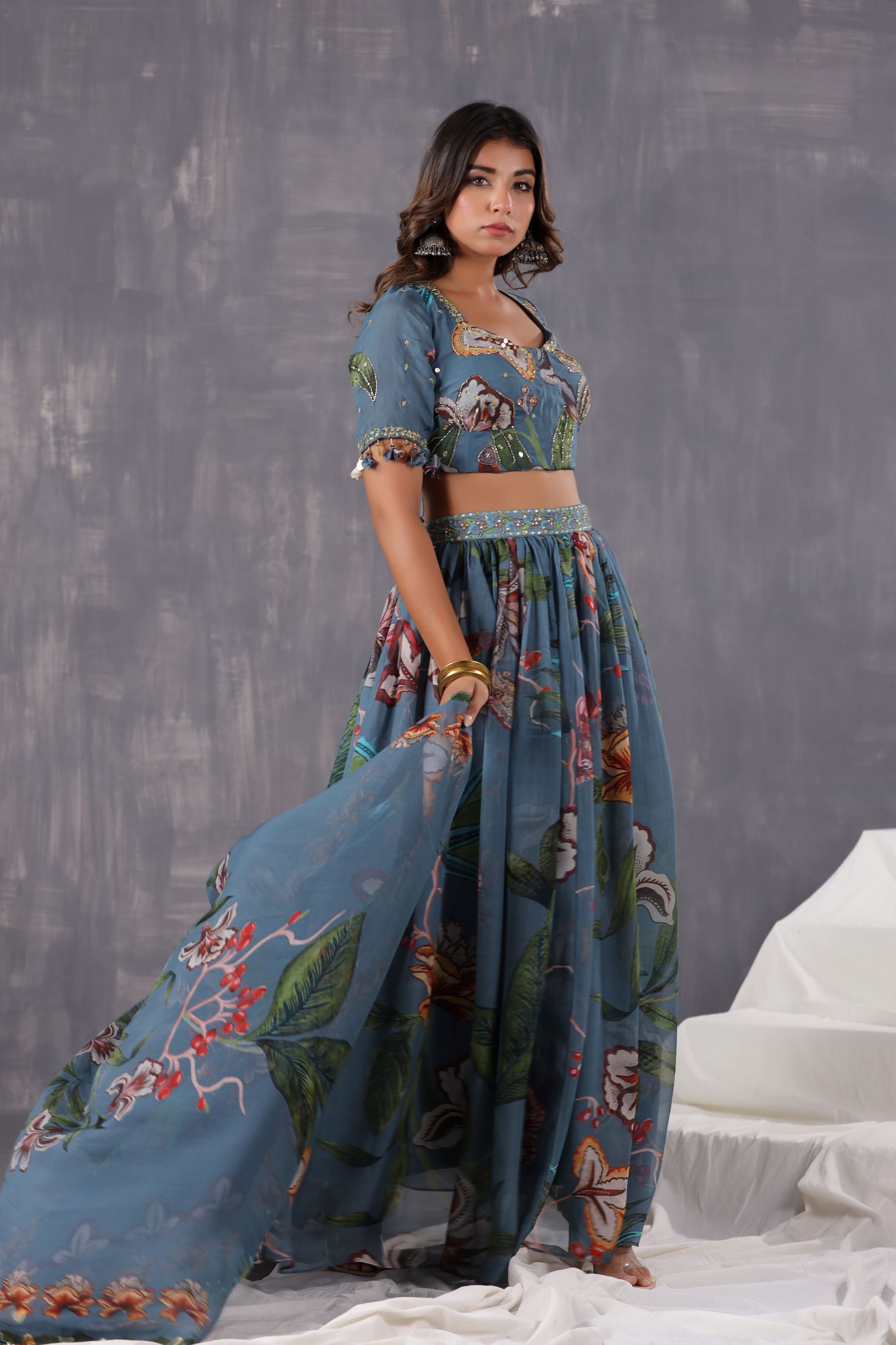 Dusty Teal Floral Printed Tissue Organza Silk Lehenga Set