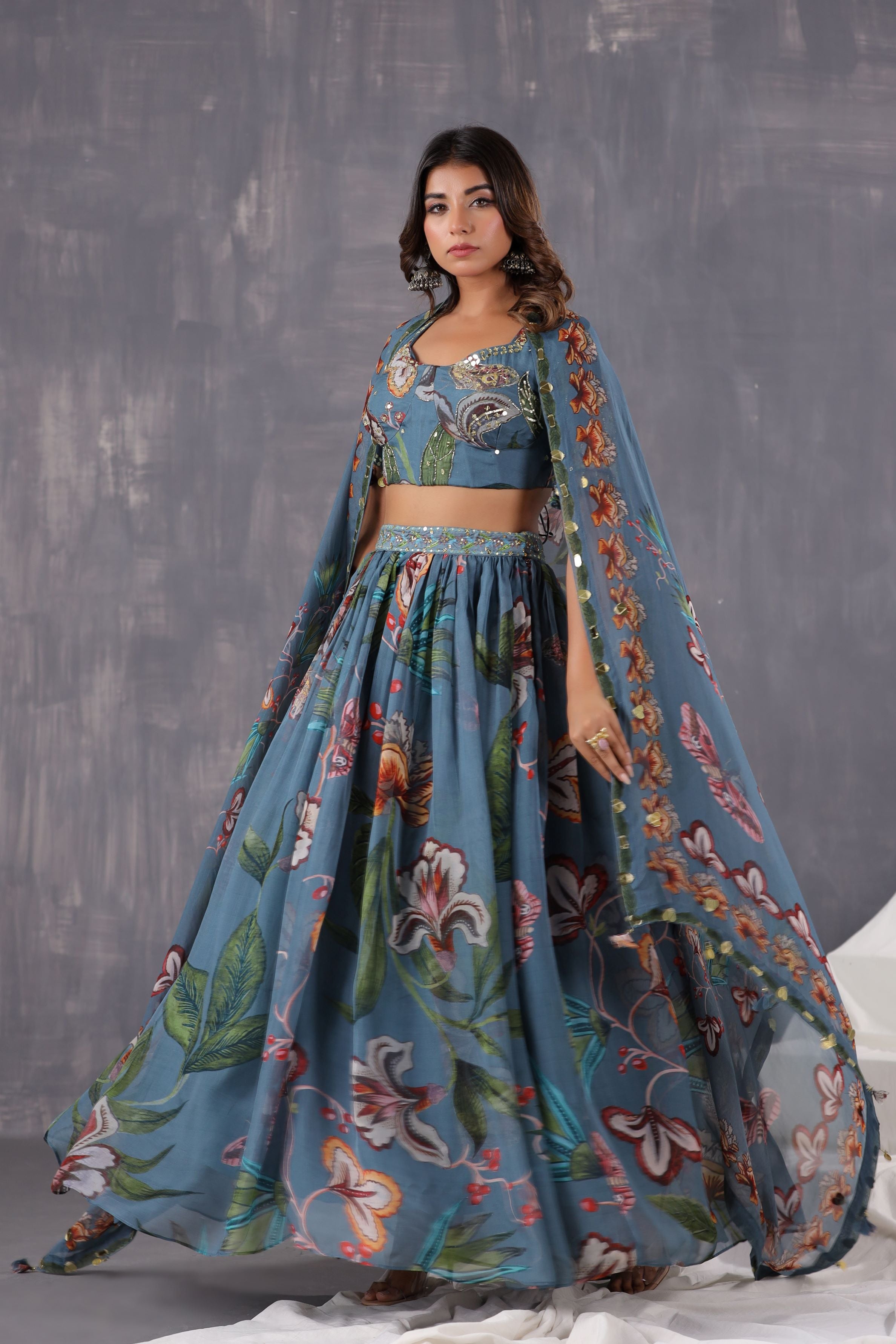 Dusty Teal Floral Printed Tissue Organza Silk Lehenga Set