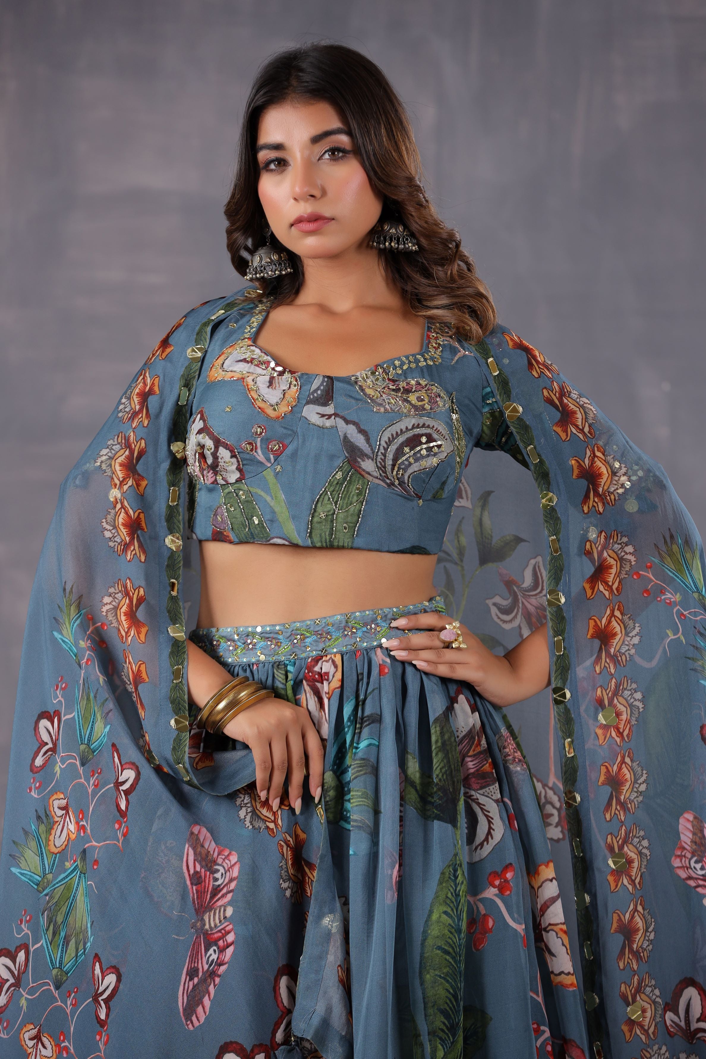 Dusty Teal Floral Printed Tissue Organza Silk Lehenga Set