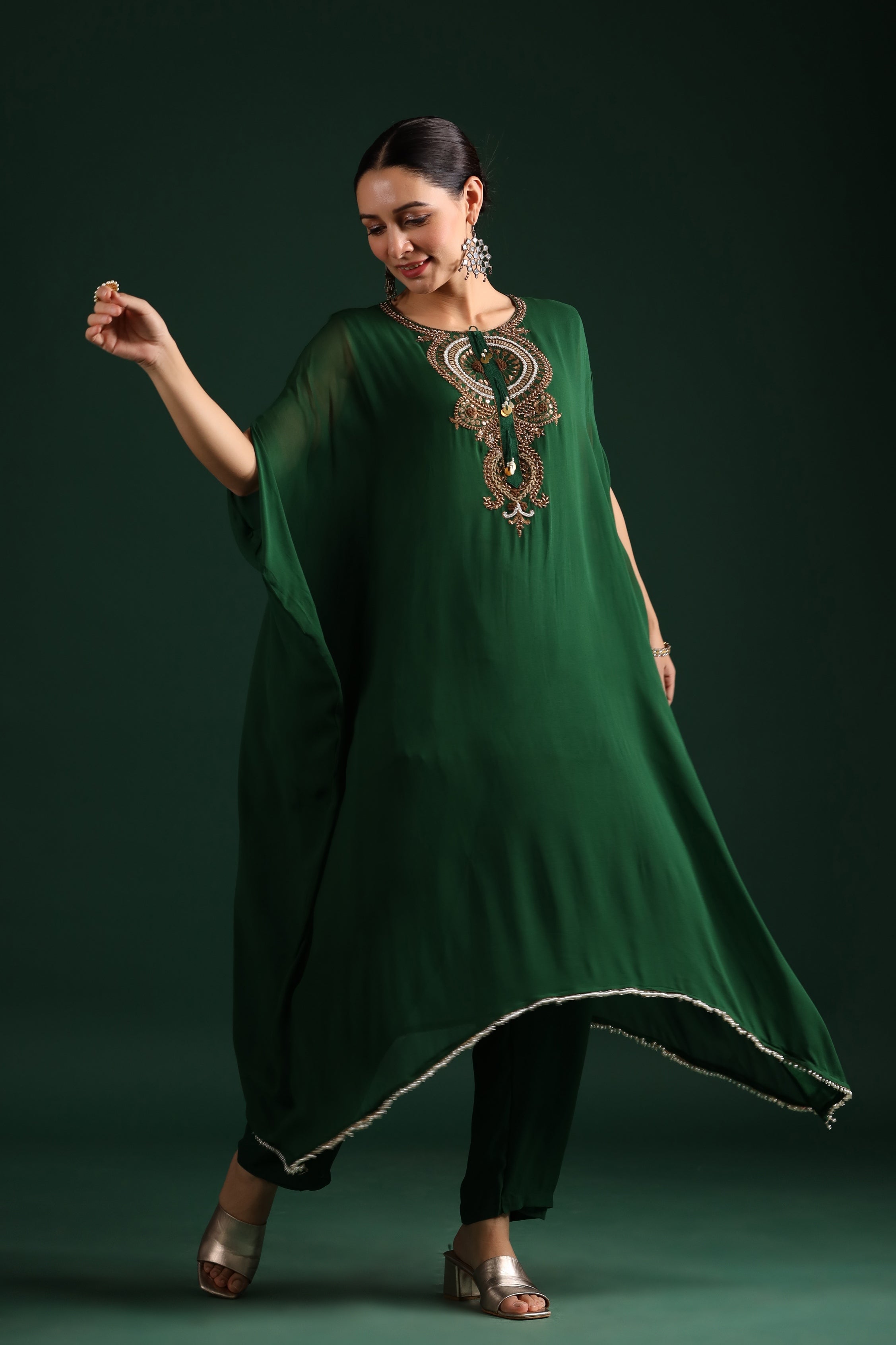 Deep Green Embellished Kaftan Pant Set