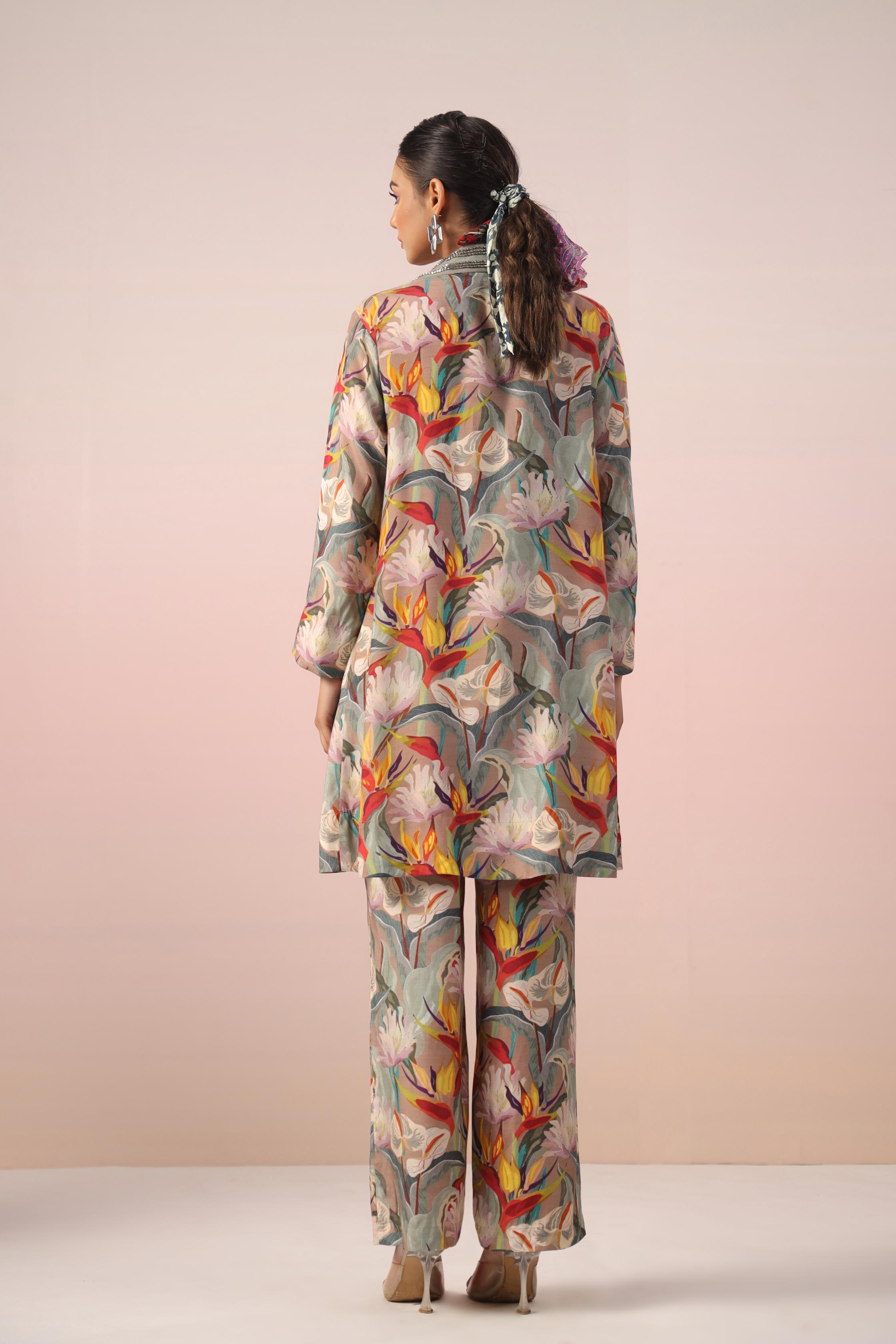 Beige Floral Printed Tafetta Himalayan Silk Jacket Co-Ord Set