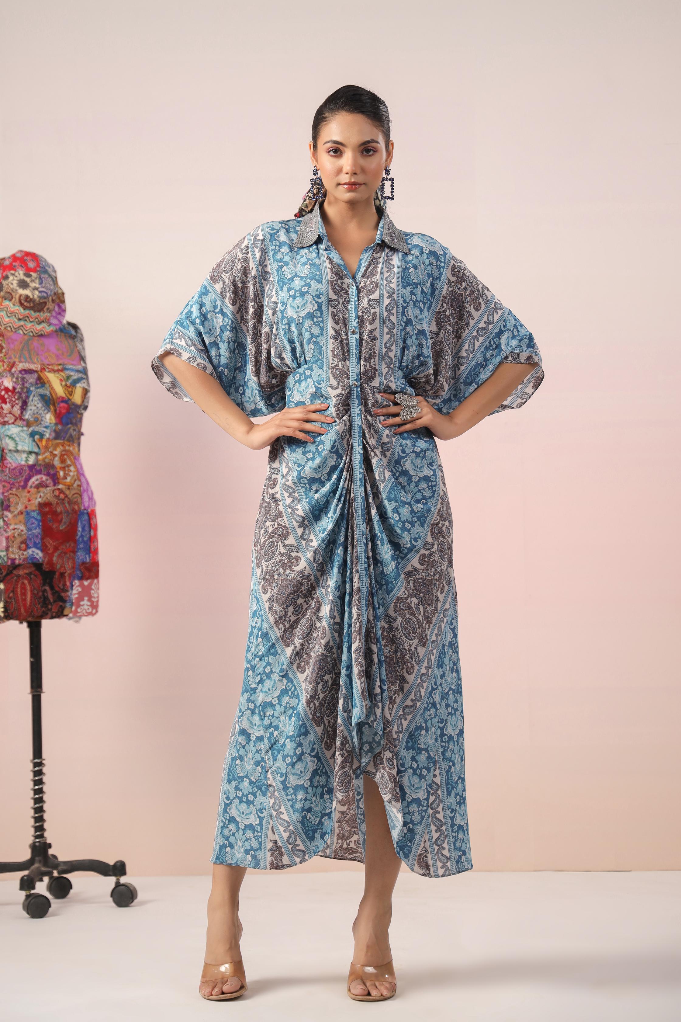 Sky Blue Ethnic Printed Crepe Silk Dress