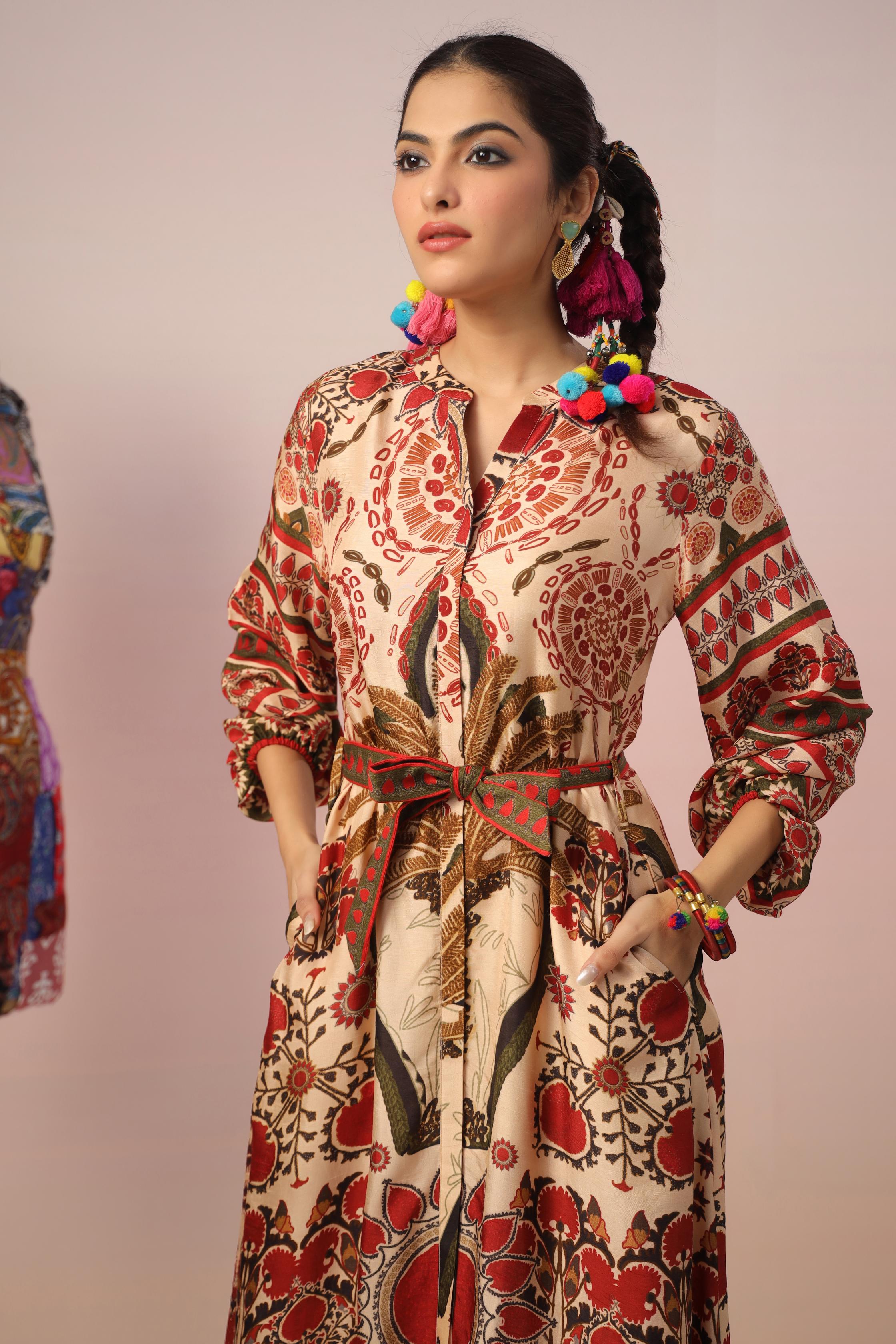 Rose Beige Traditional Printed Malai Cotton Dress