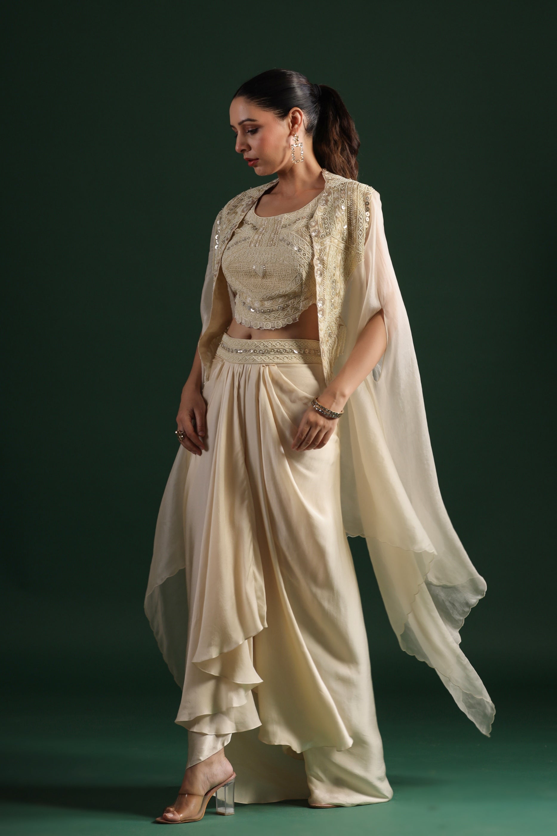 Ivory Embellished Raw Silk Skirt Set