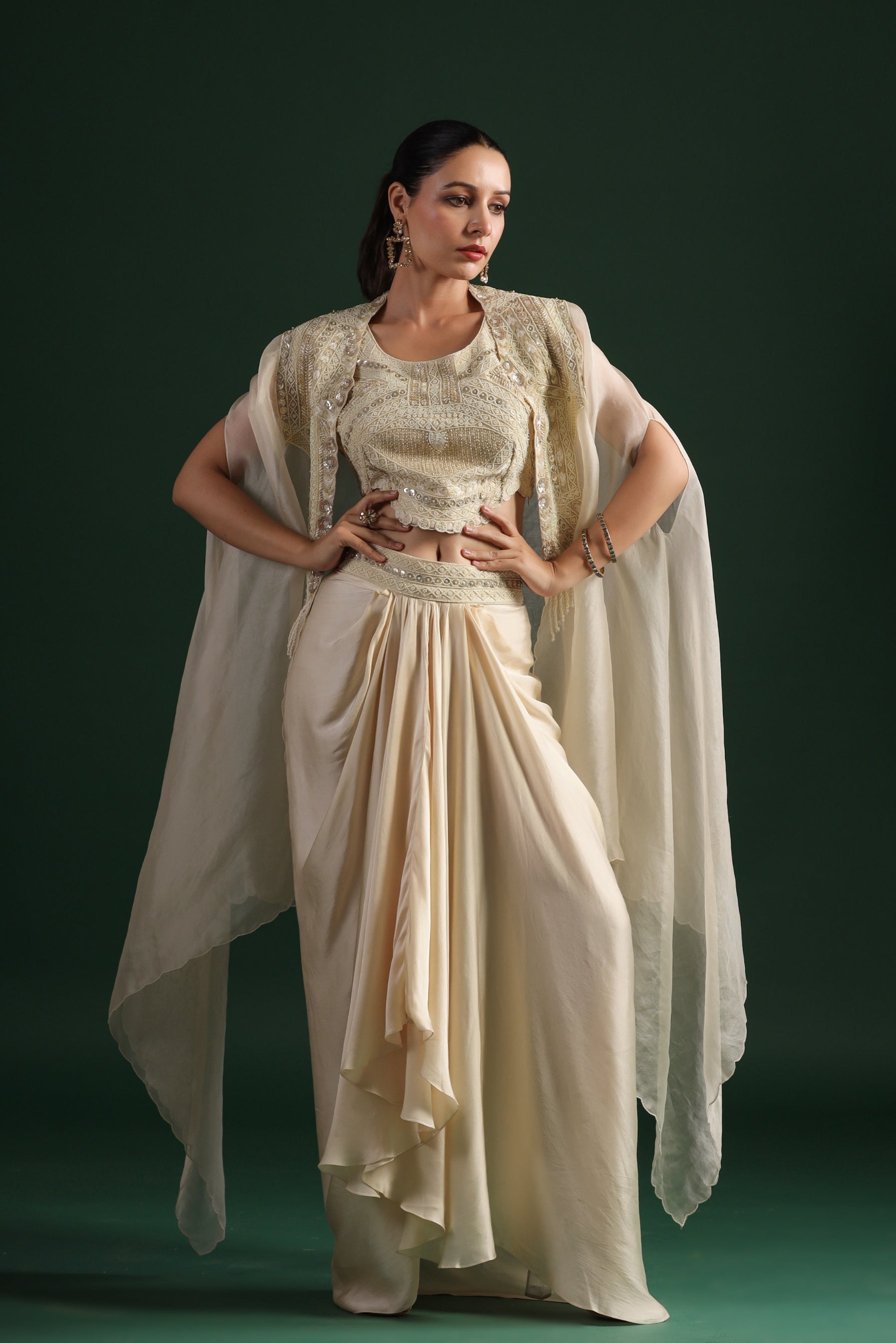 Ivory Embellished Raw Silk Skirt Set