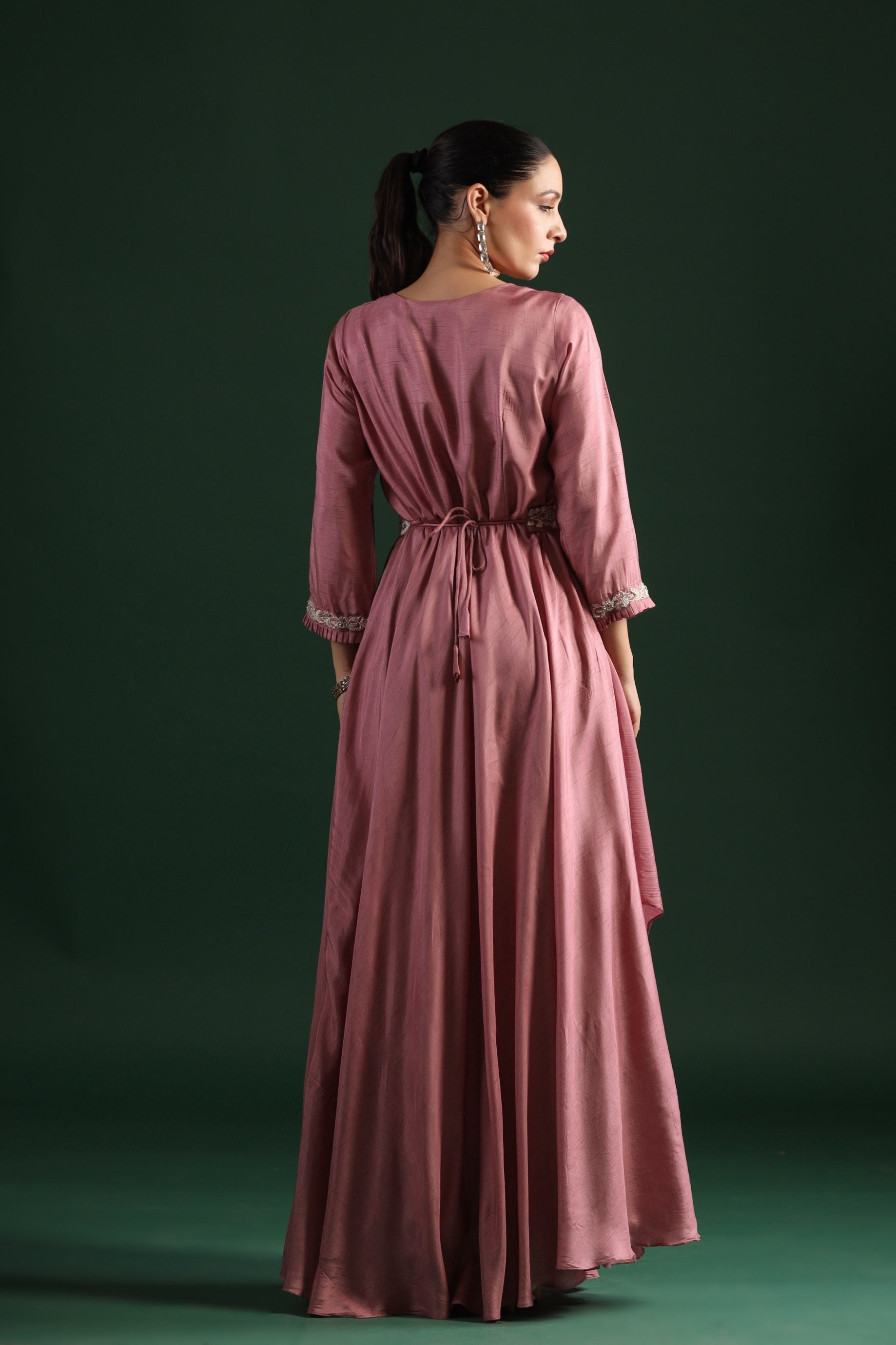 Dusky Pink Embellished Draped Gown with Belt