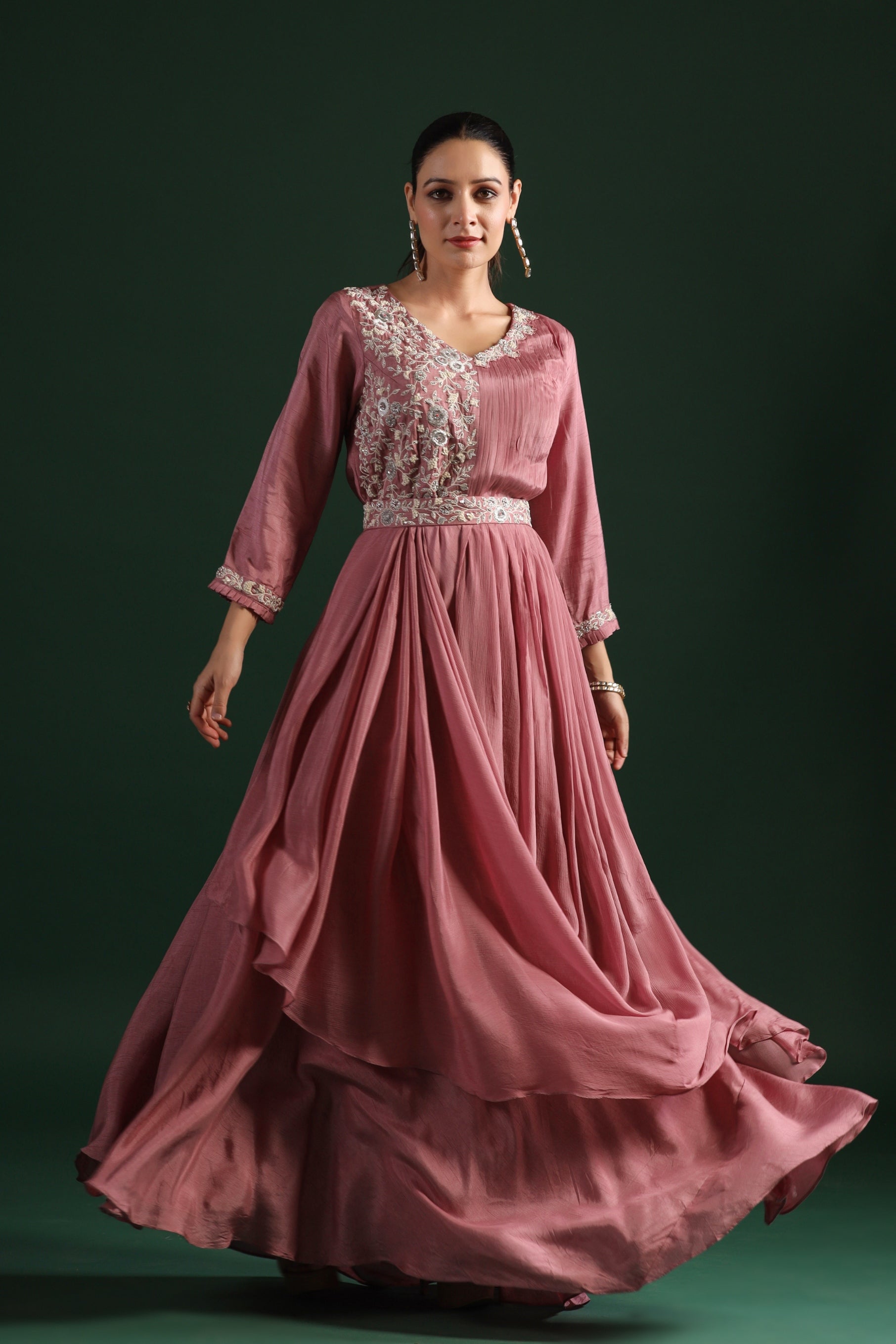 Dusky Pink Embellished Draped Gown with Belt