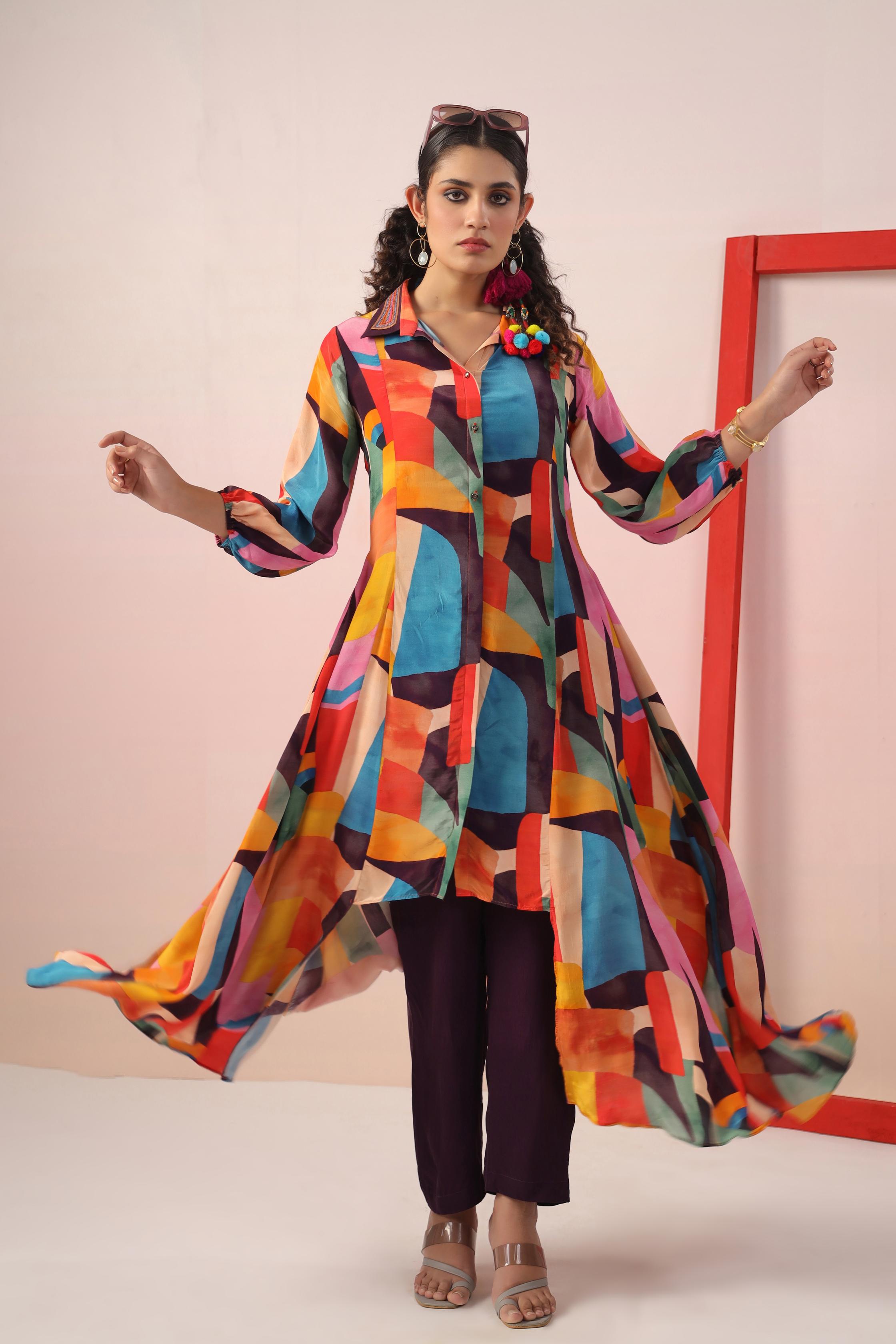 Multicolor Abstract Printed Crepe Silk Dress with Pants