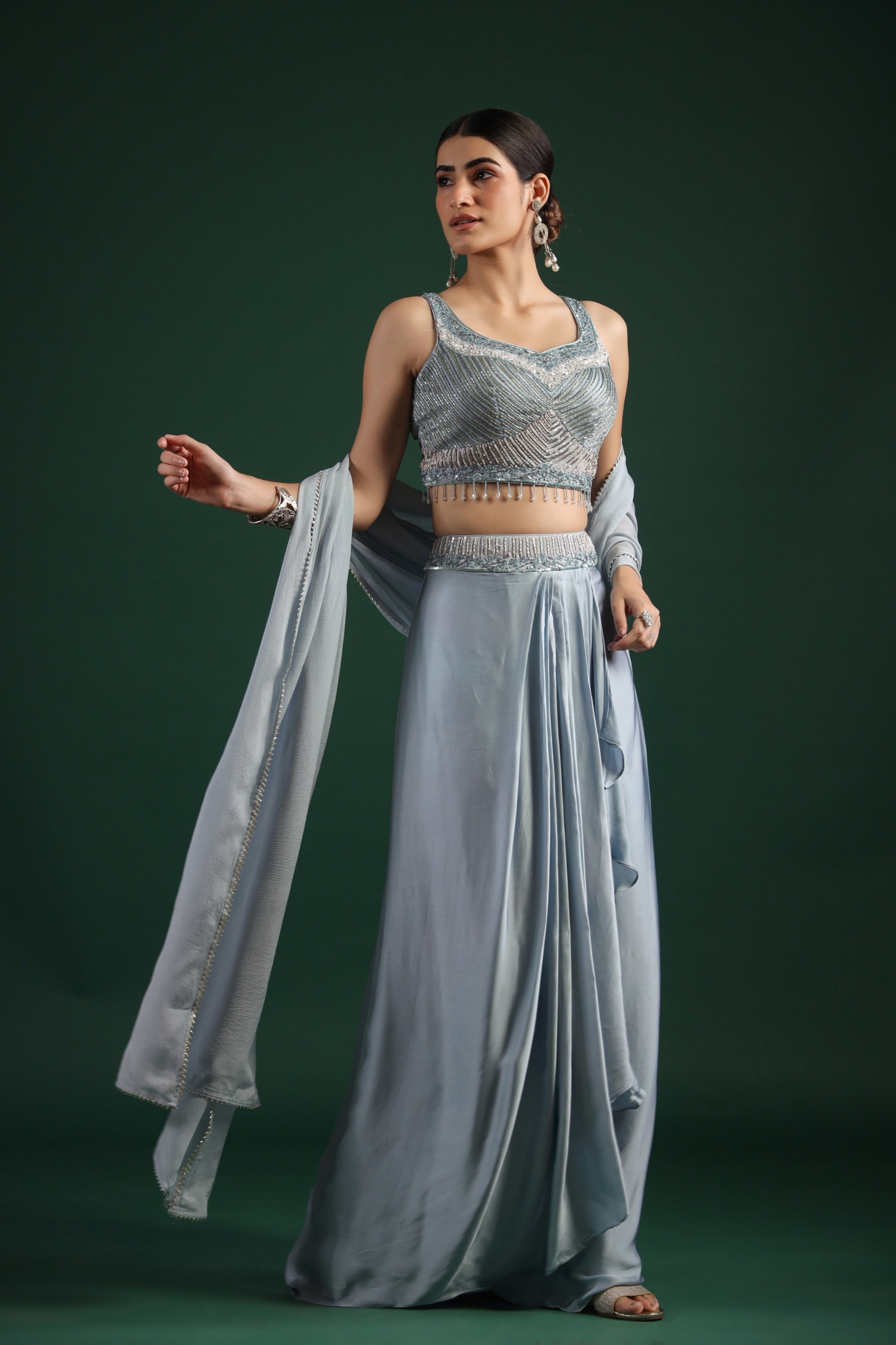 Powder Blue Embellished Draped Skirt Set