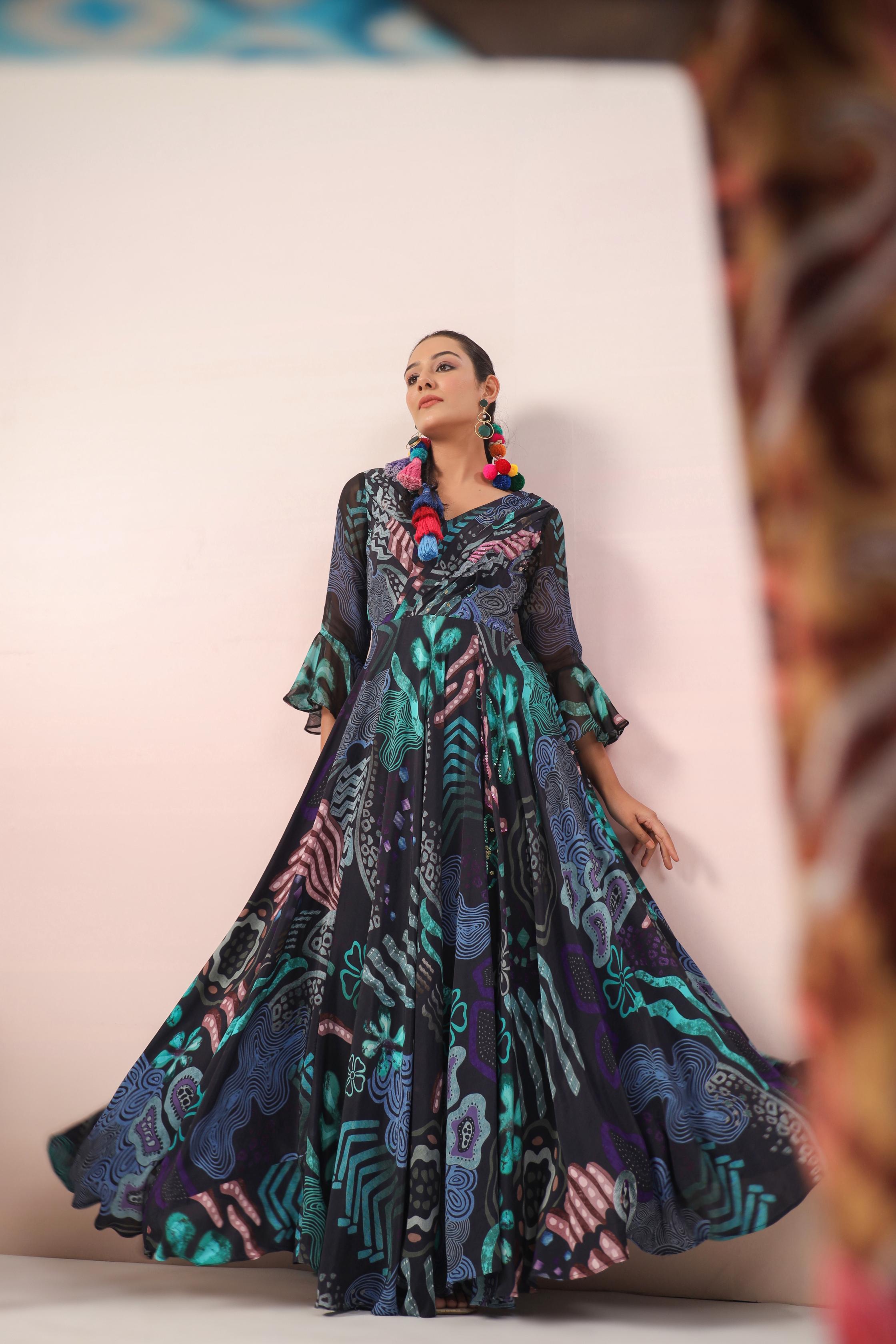 Deep Blue Digital Printed Crepe Silk Gown