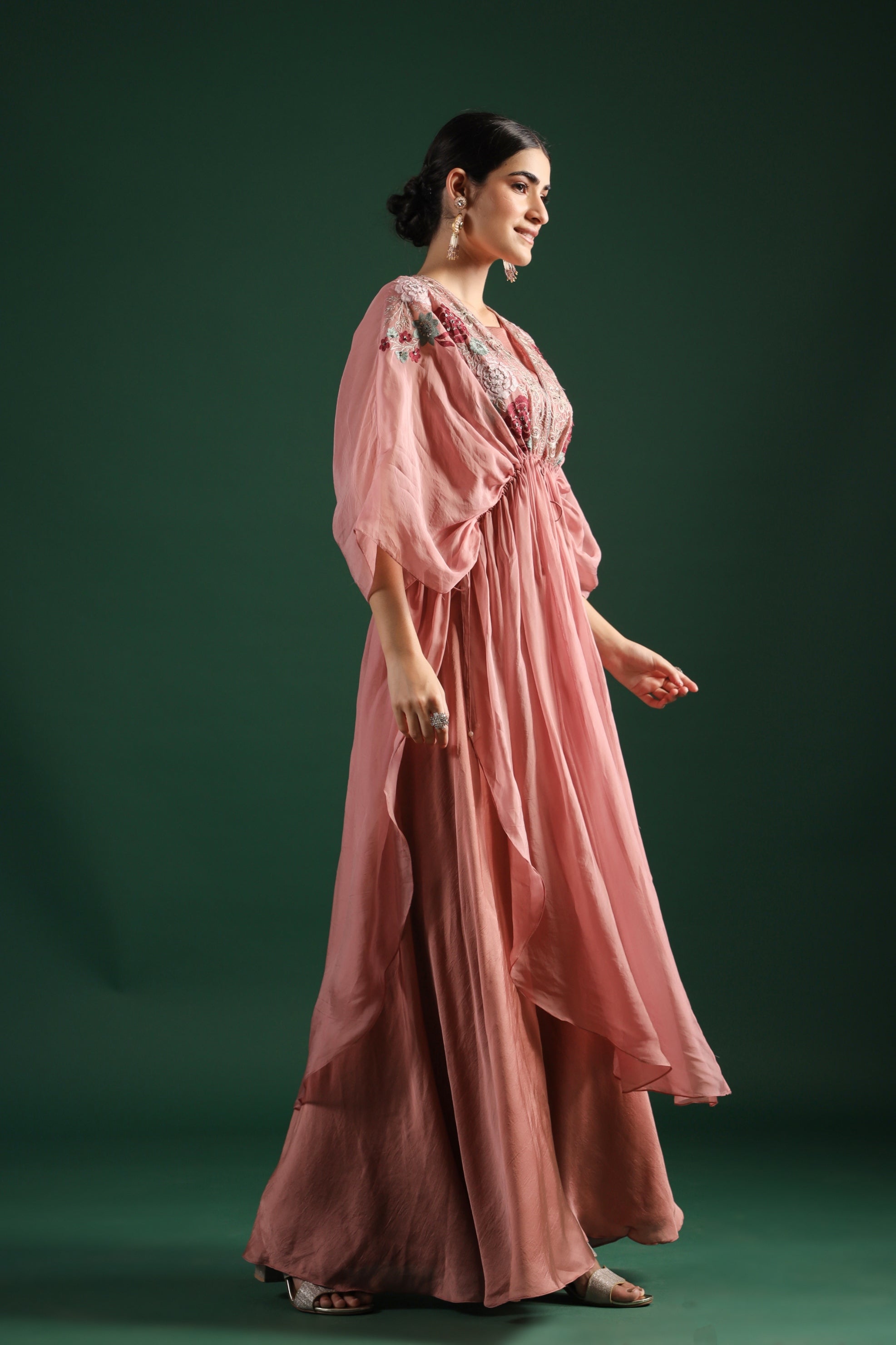 Dusky Pink Embroidered Mulberry Silk Cape Set