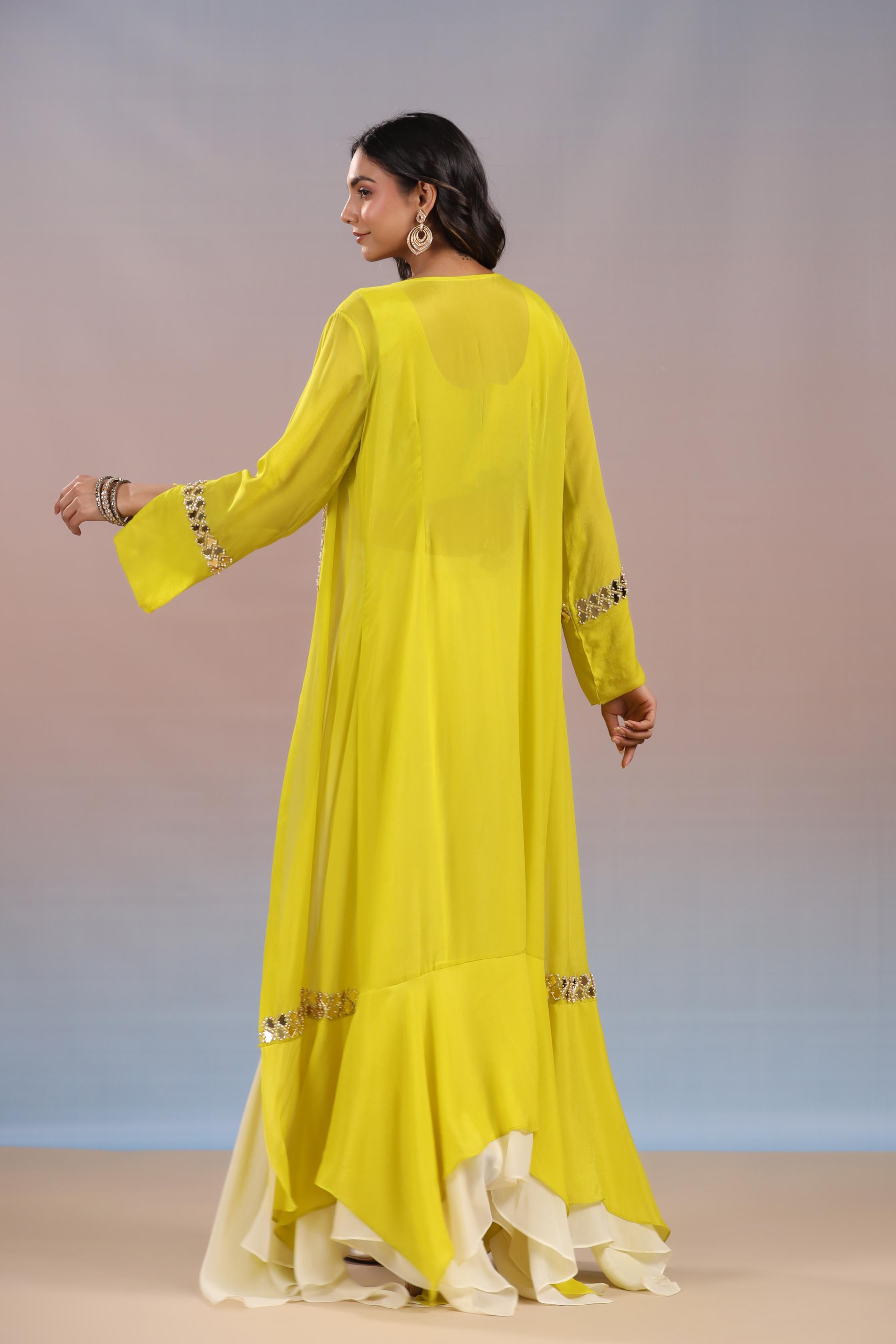 Bright Yellow Embellished Swiss Georgette Silk Cape Set