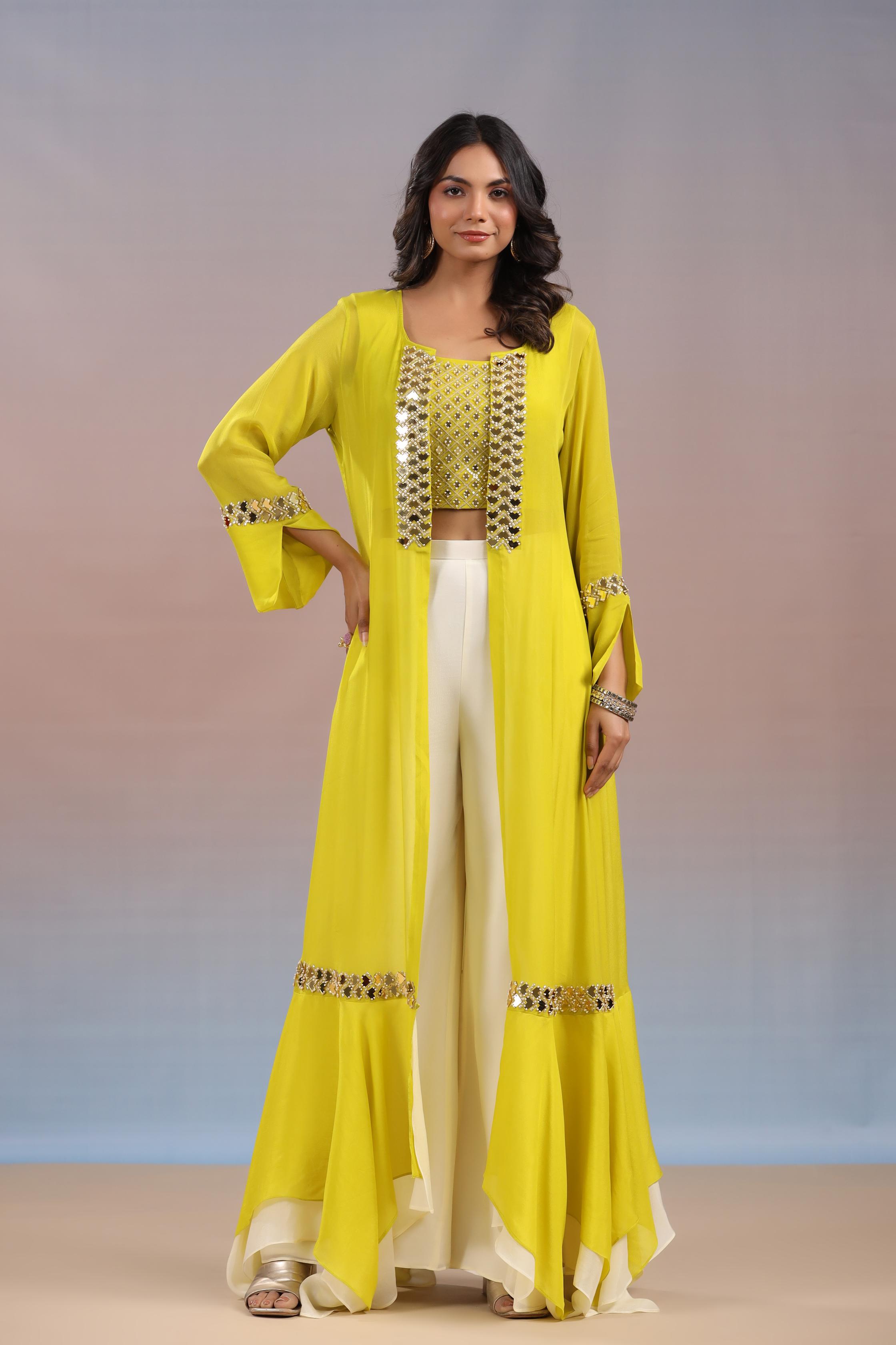 Bright Yellow Embellished Swiss Georgette Silk Cape Set