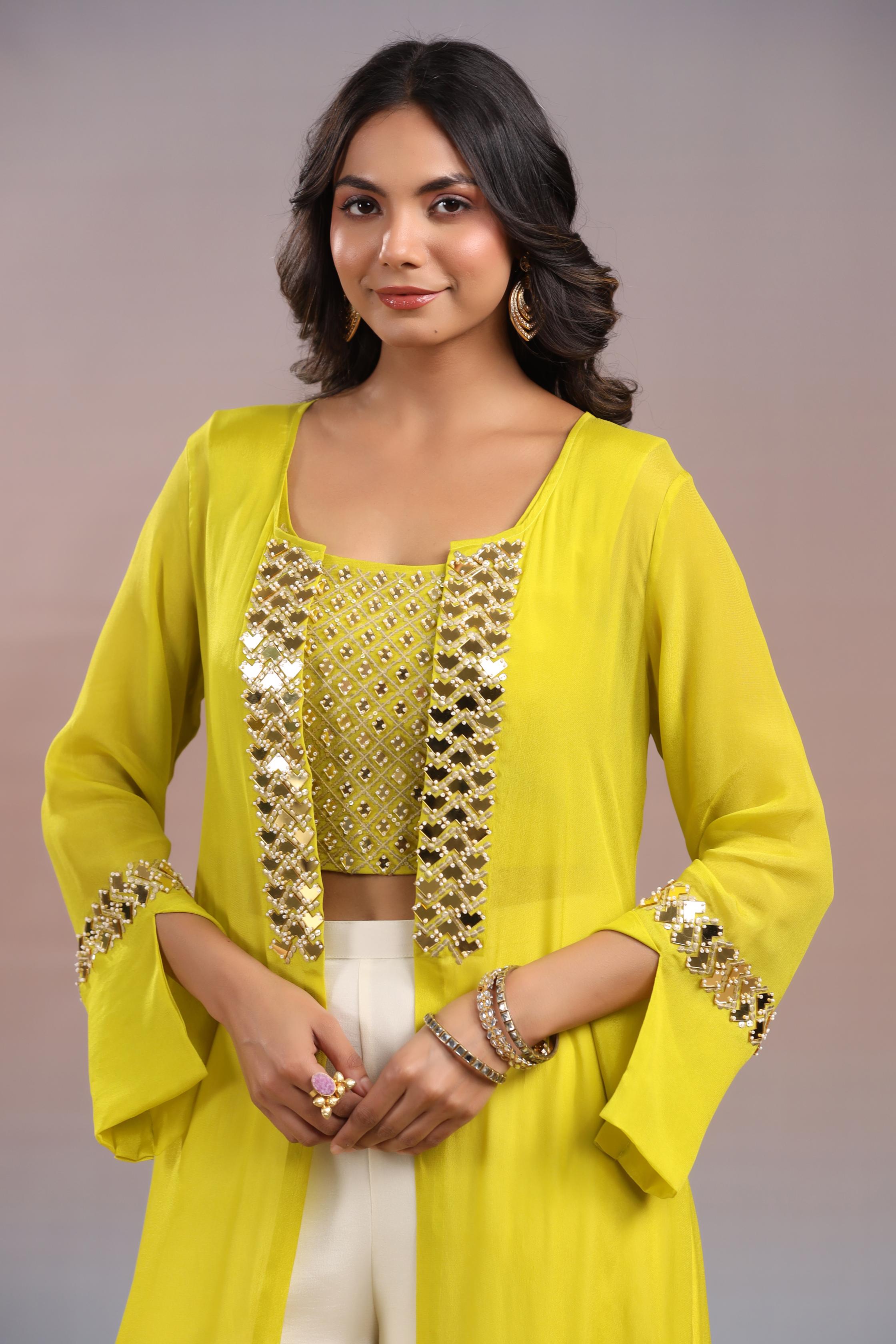 Bright Yellow Embellished Swiss Georgette Silk Cape Set