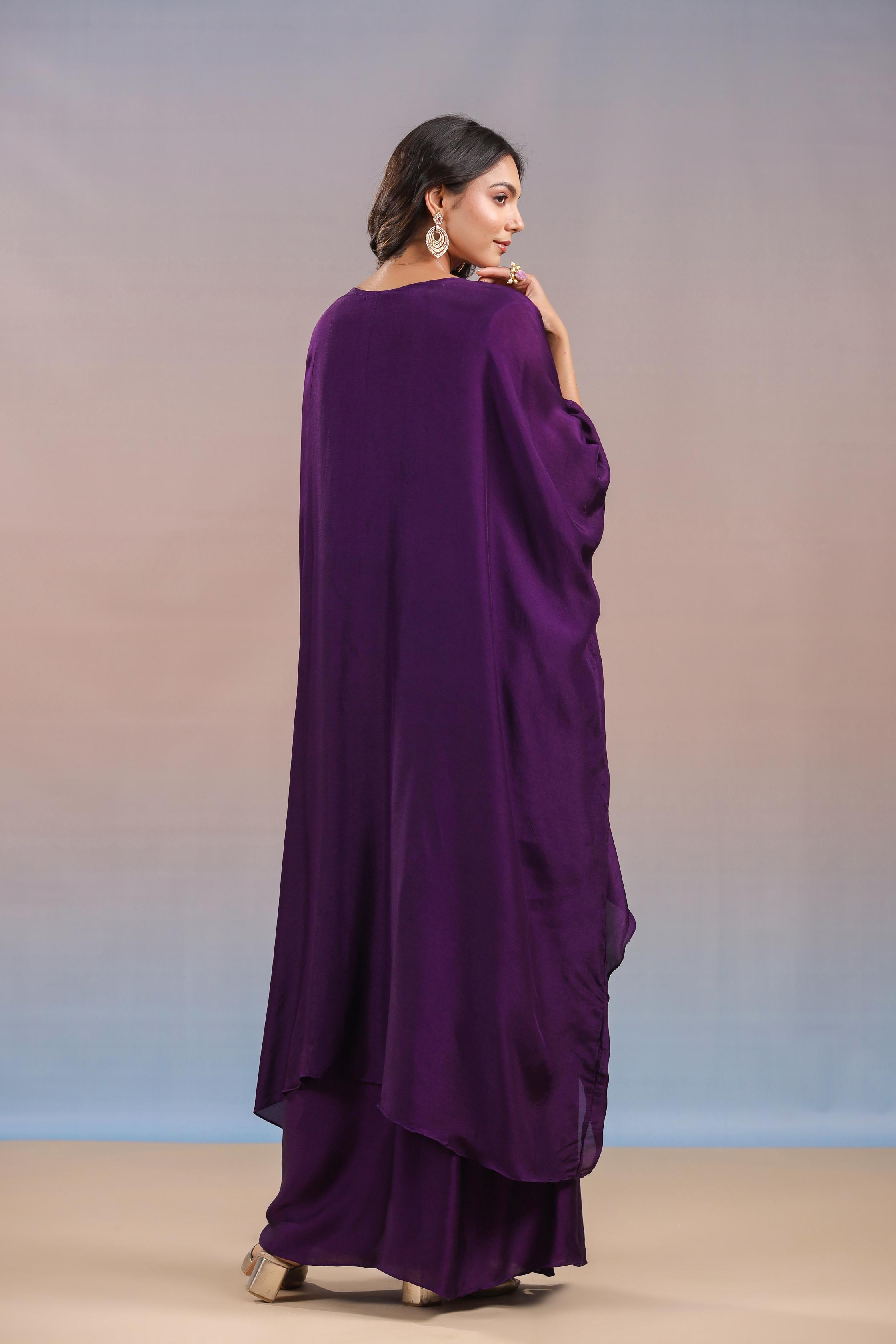 Dark Purple Embroidered Premium Silk Kaftan & Skirt Set