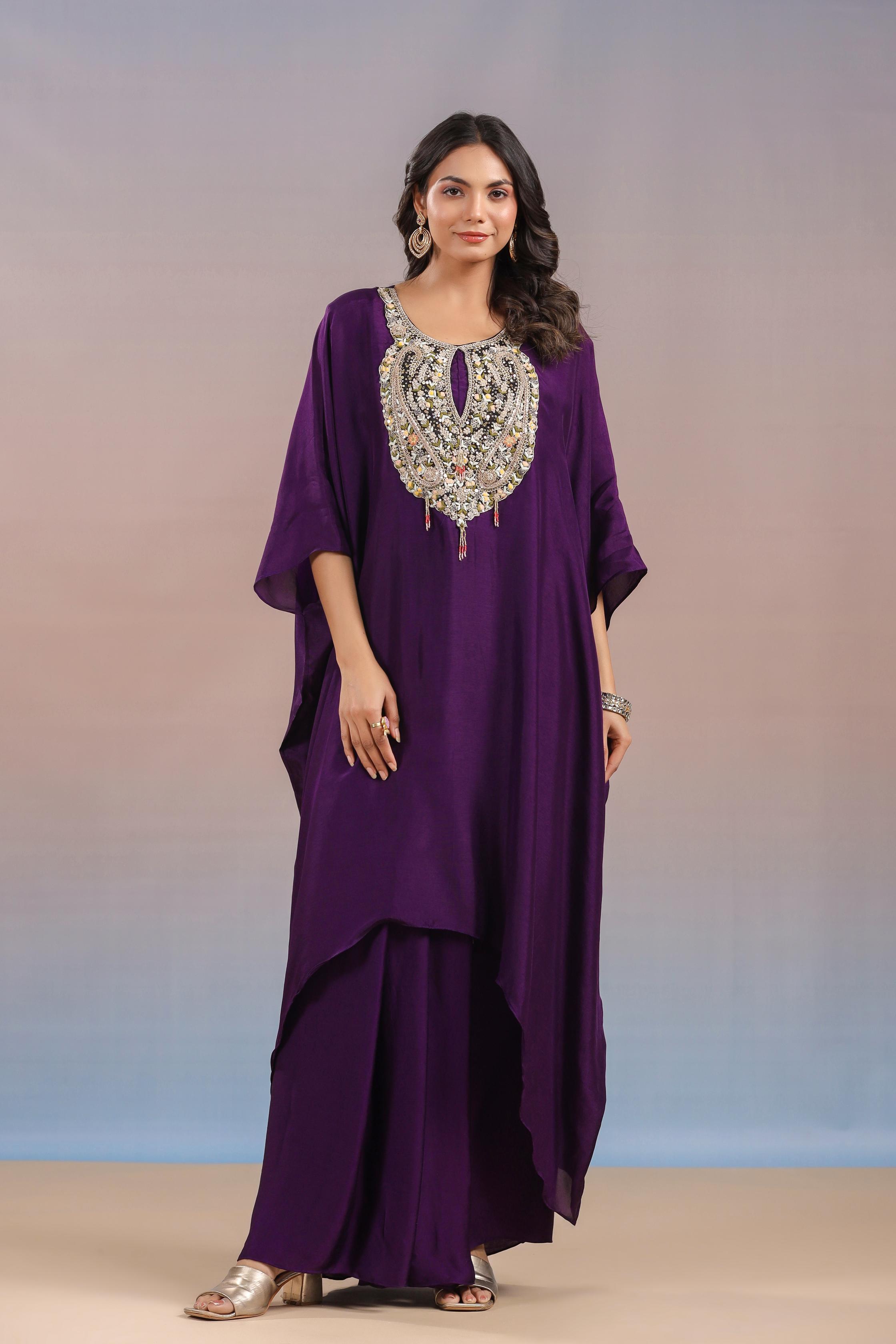 Dark Purple Embroidered Premium Silk Kaftan Skirt Set