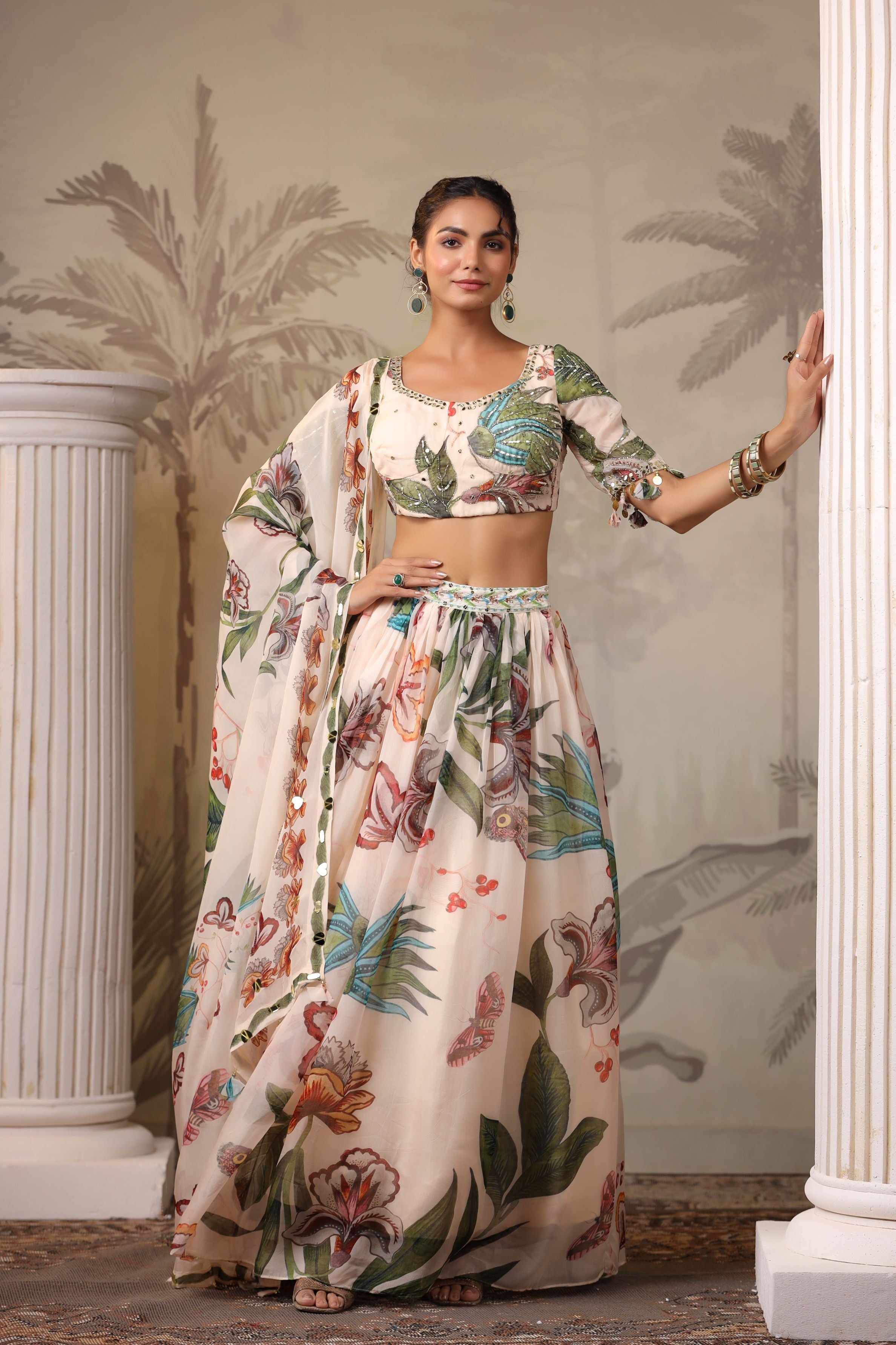 Pale Champagne Floral Printed Tissue Organza Silk Lehenga Set