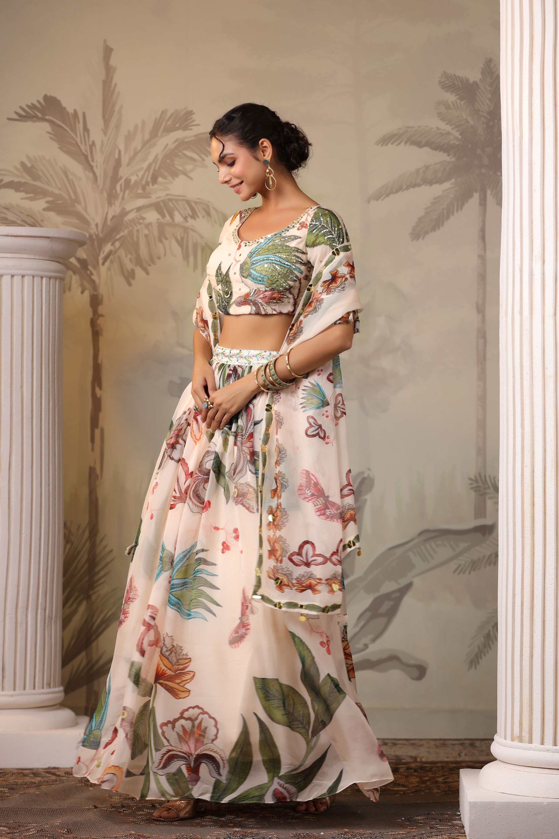 Pale Champagne Floral Printed Tissue Organza Silk Lehenga Set